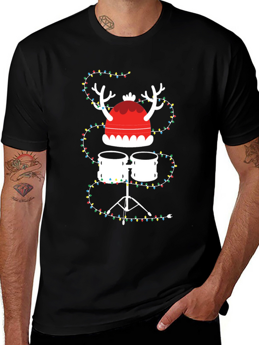 Drum Set Christmas Tee with Lights and Reindeer Hat