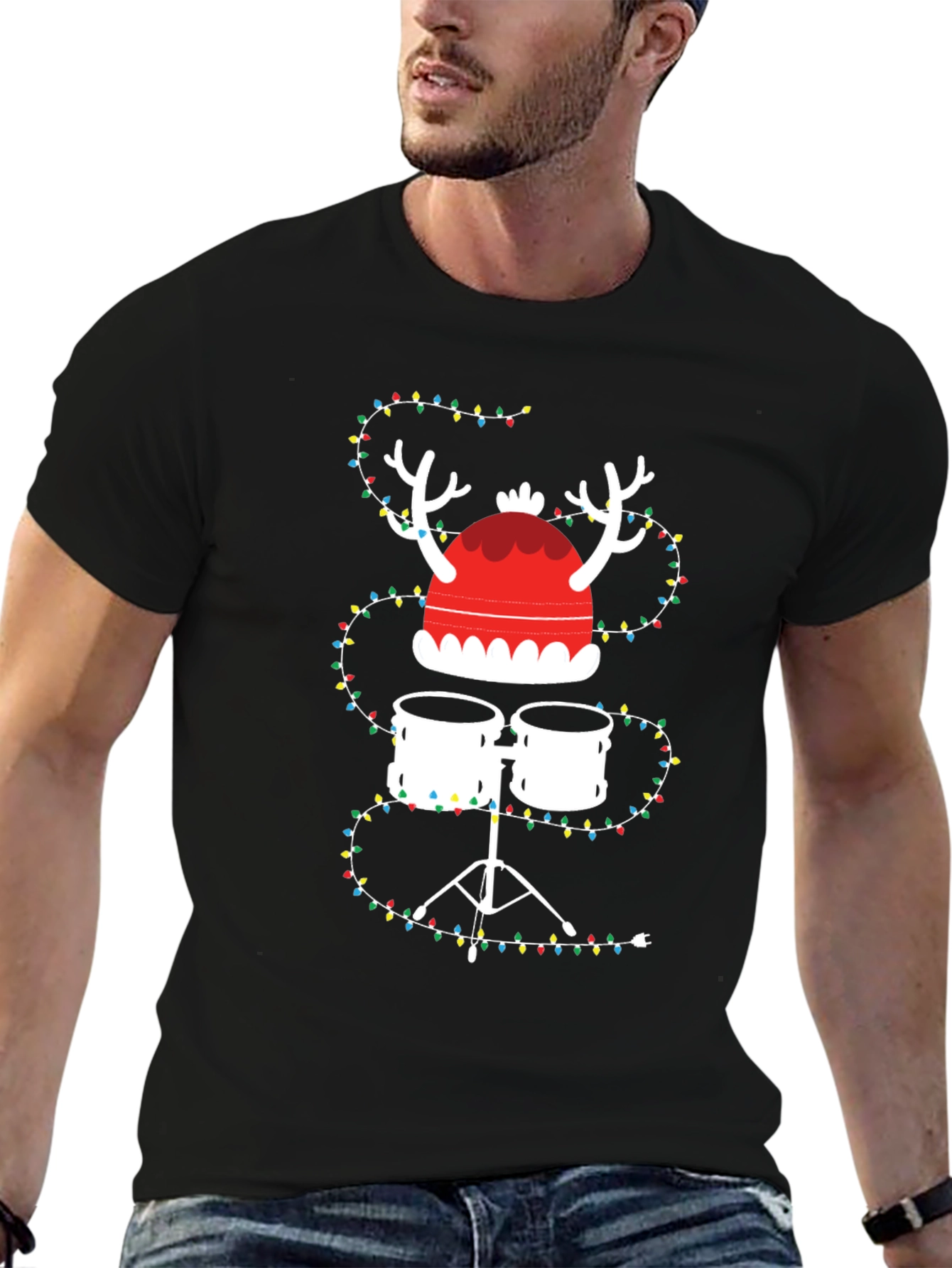 Drum Set Christmas Tee with Lights and Reindeer Hat