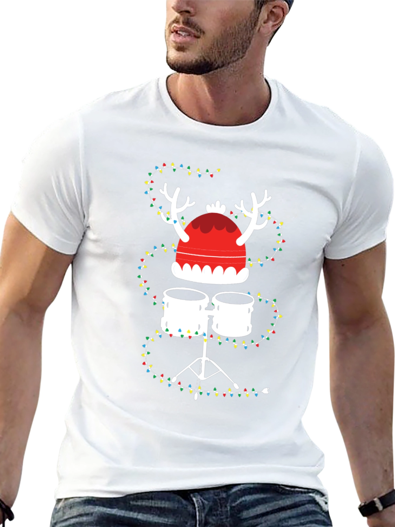 Drum Set Christmas Tee with Lights and Reindeer Hat