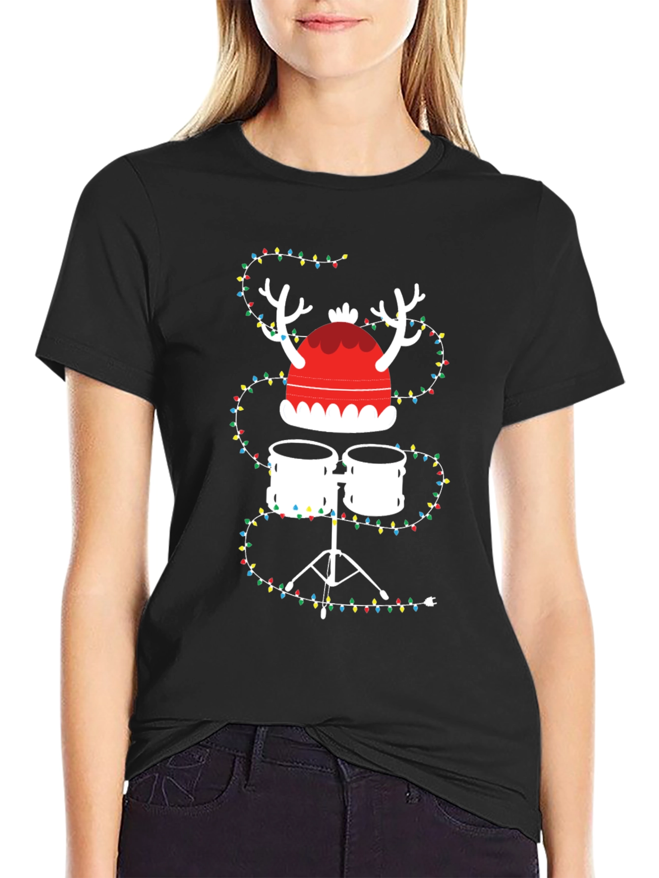 Drum Set Christmas Tee with Lights and Reindeer Hat