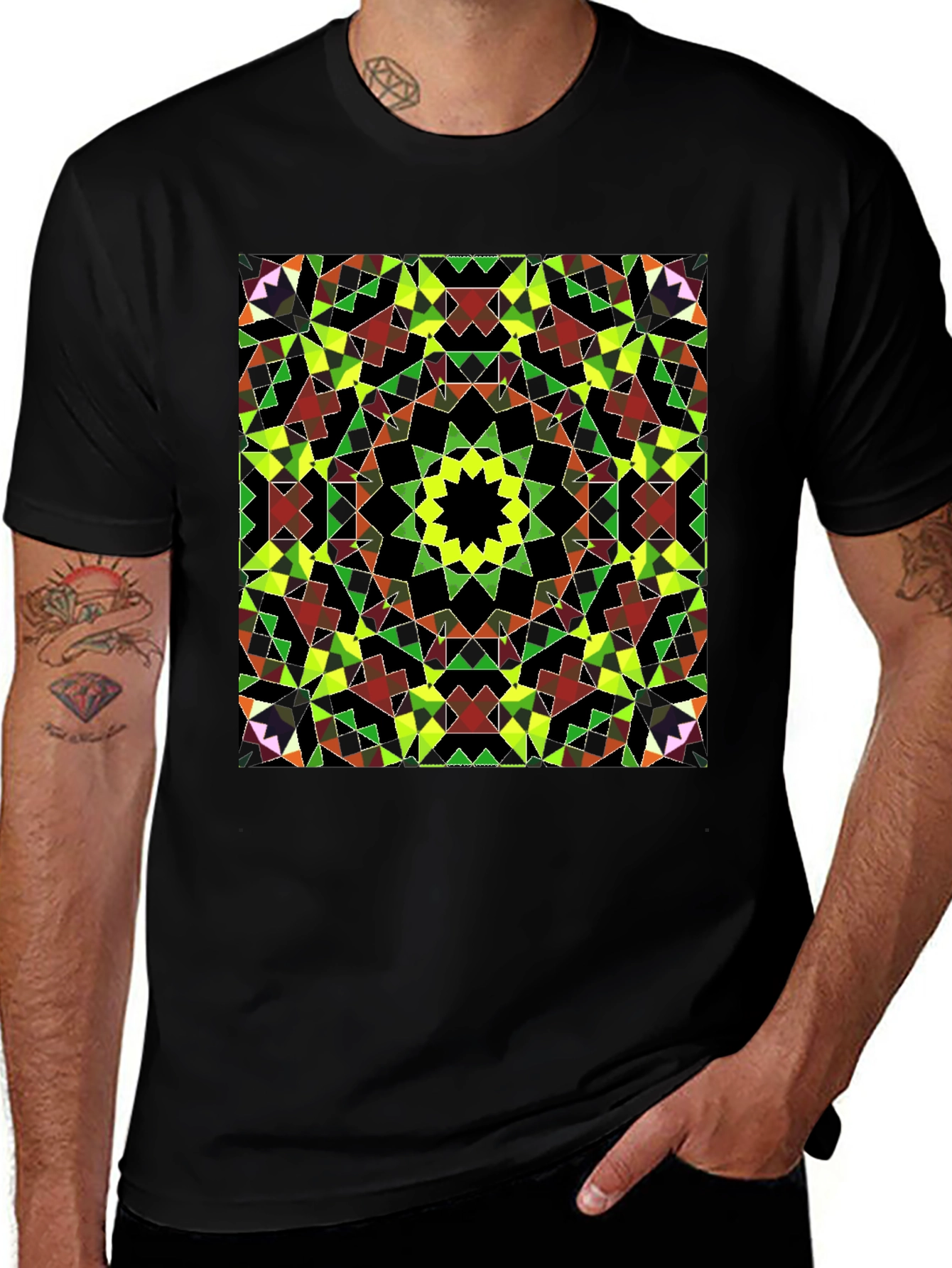 Geometric Mosaic Print Black T-Shirt