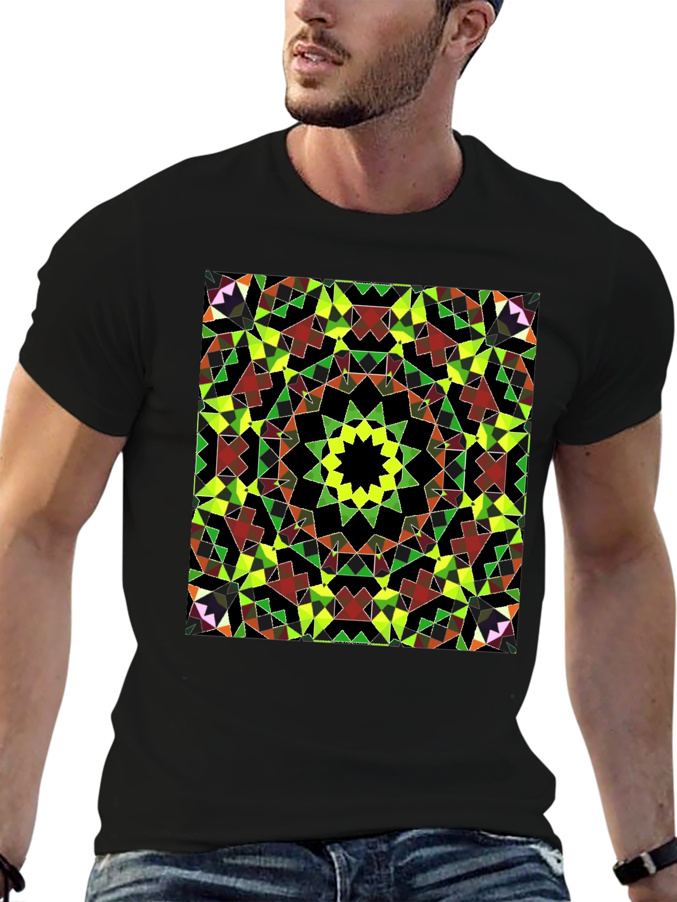 Geometric Mosaic Print Black T-Shirt