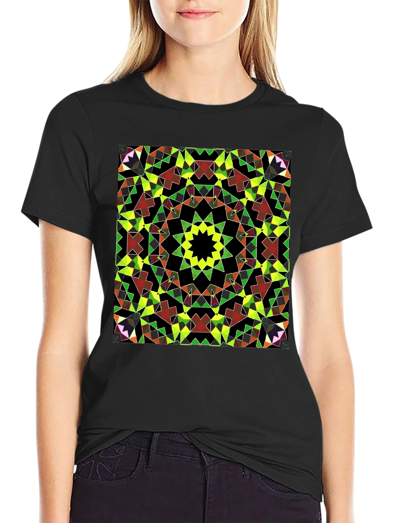 Geometric Mosaic Print Black T-Shirt