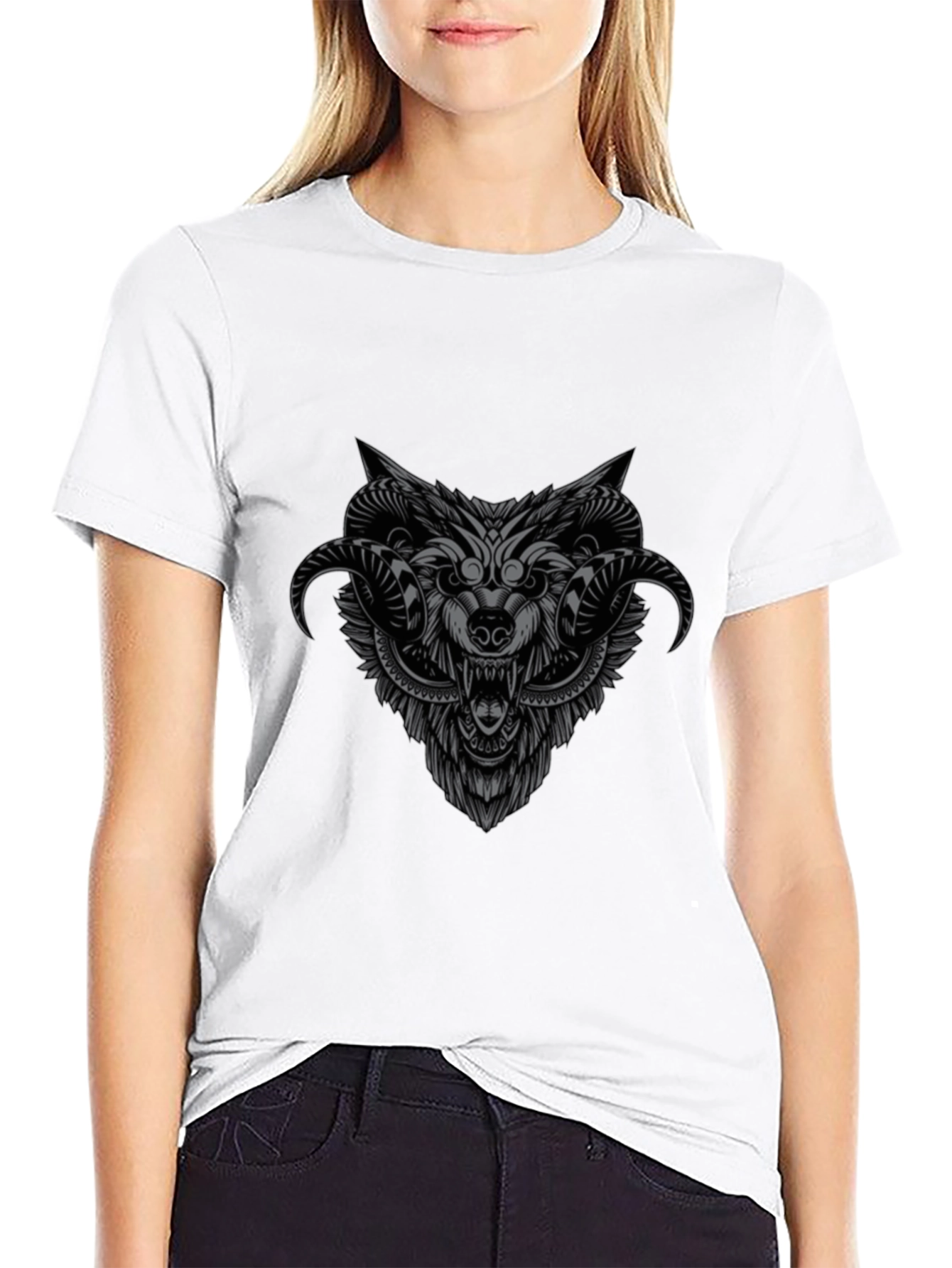 Wolf Head Graphic Print Black T-Shirt