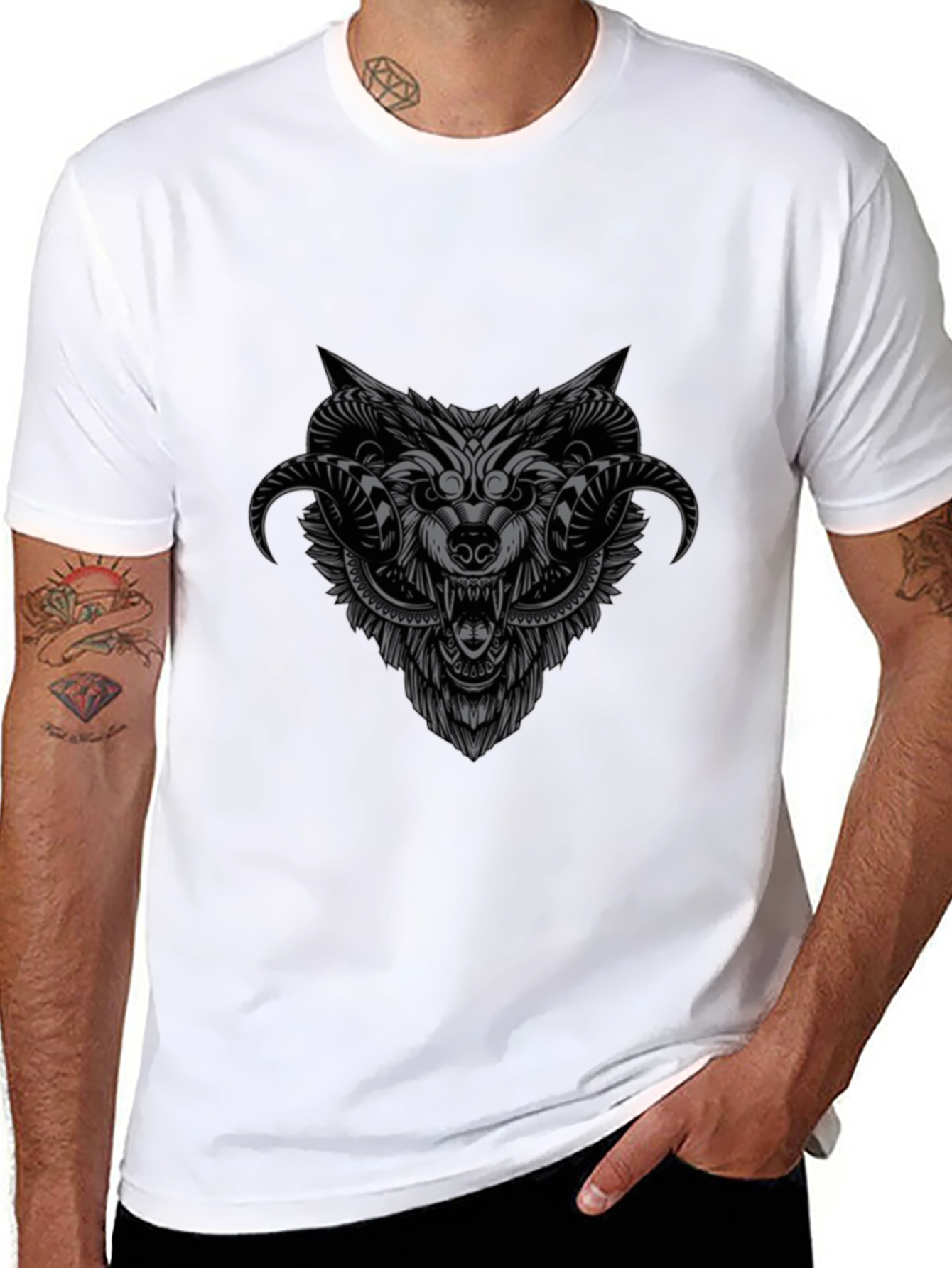 Wolf Head Graphic Print Black T-Shirt