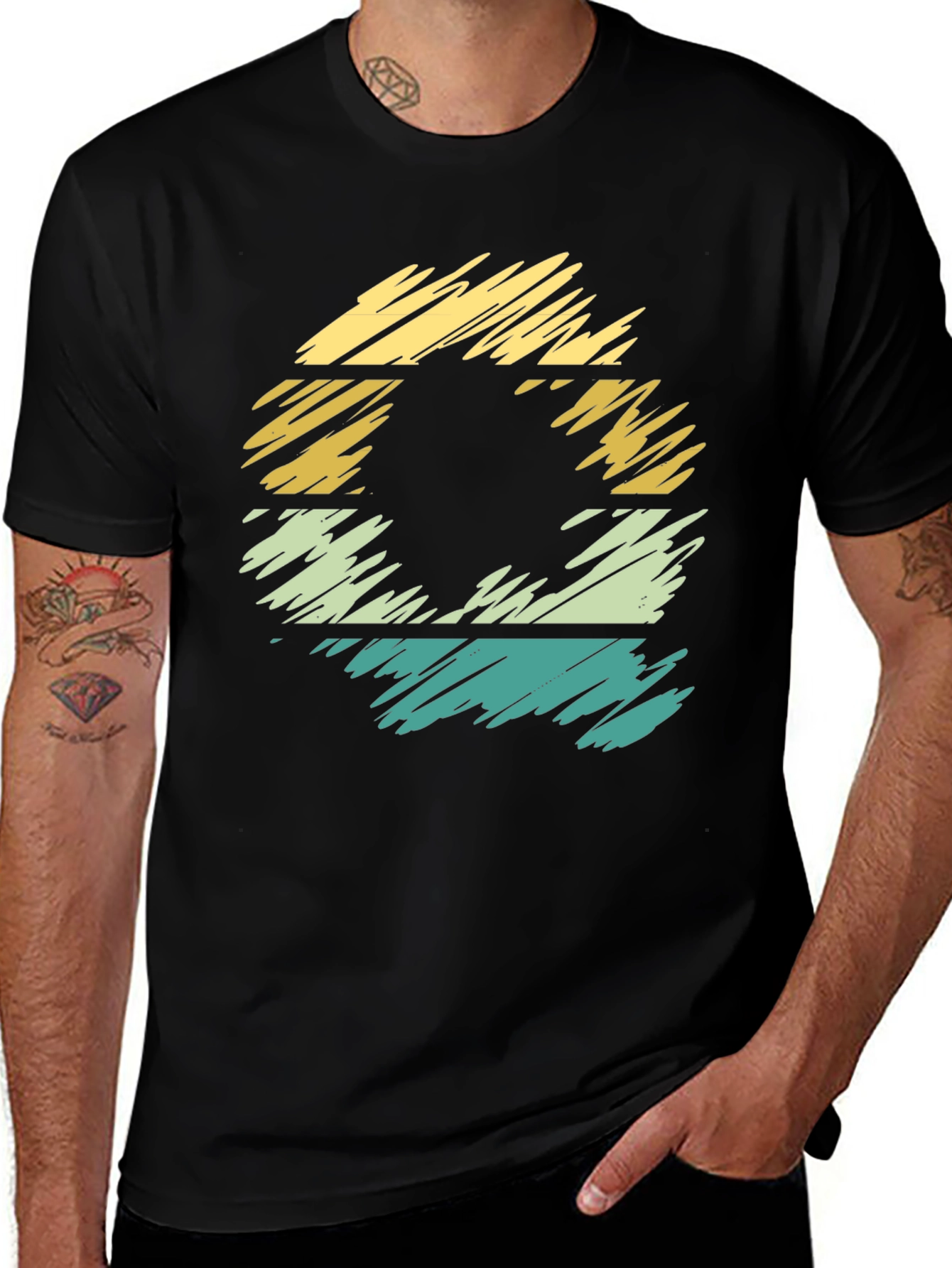 Retro Style Black T-Shirt with Striped Graphic