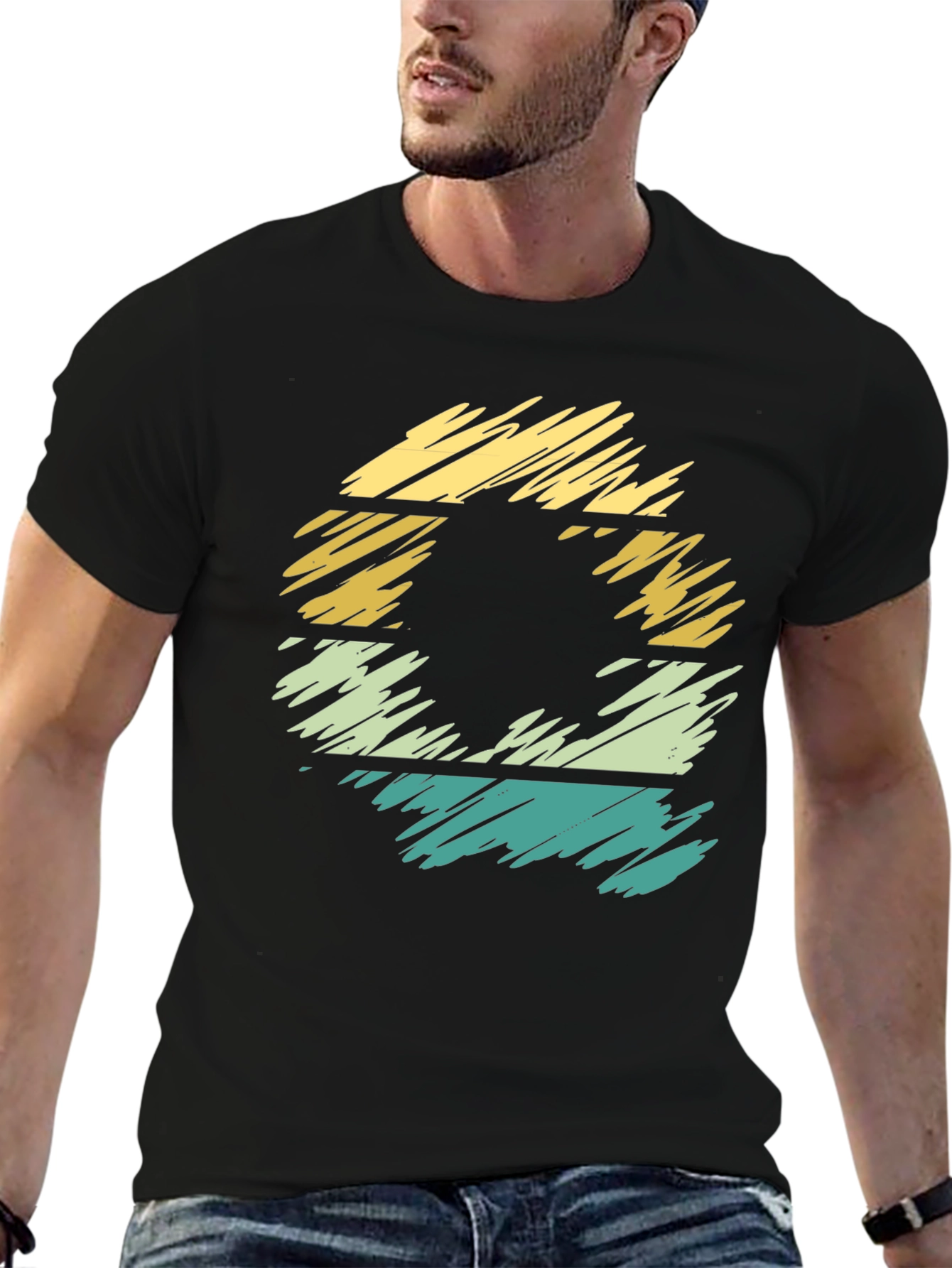 Retro Style Black T-Shirt with Striped Graphic