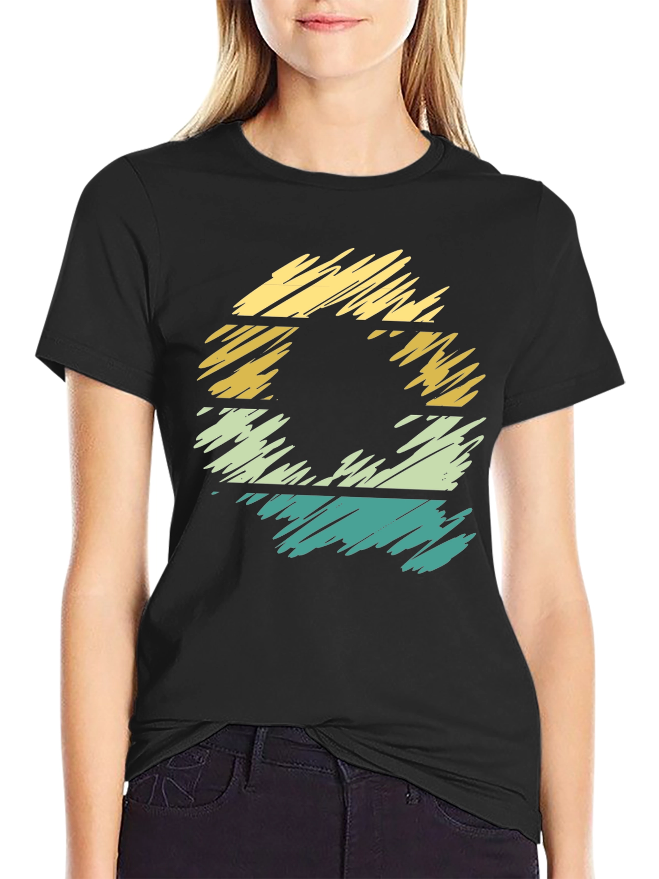 Retro Style Black T-Shirt with Striped Graphic