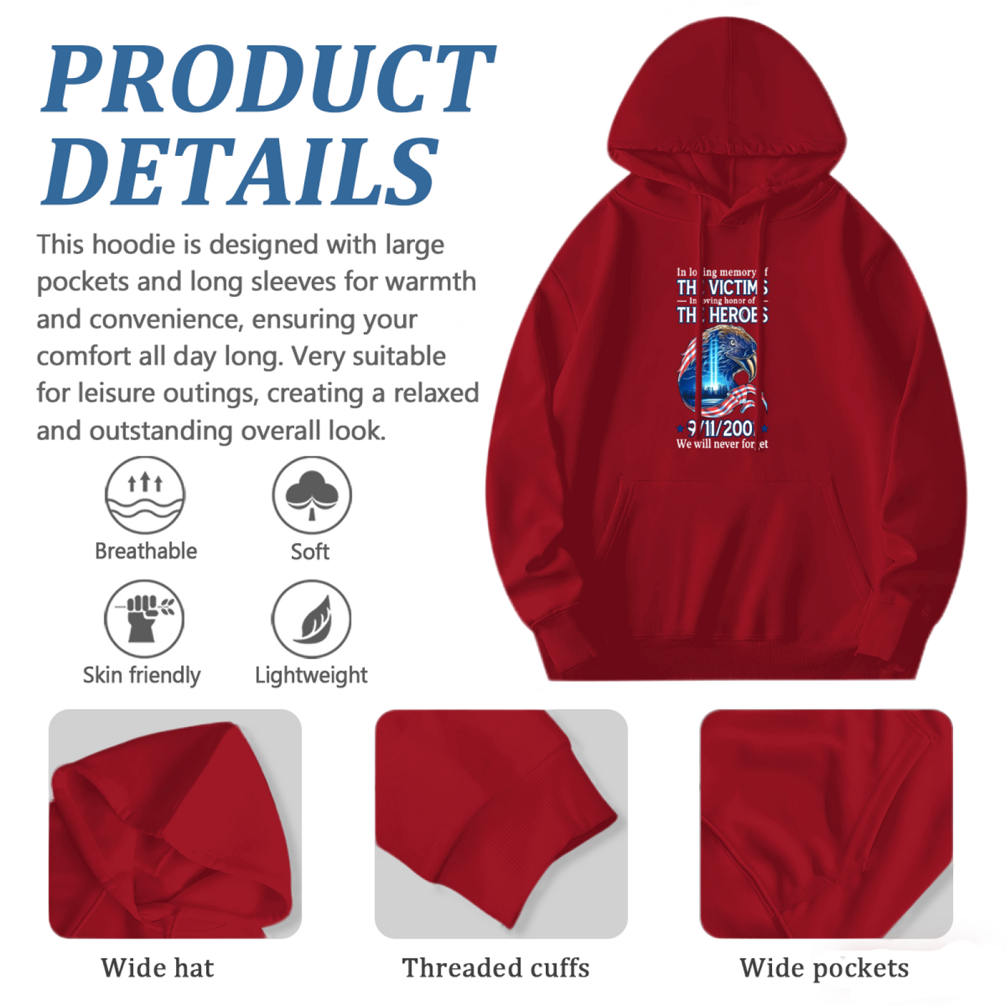 In Loving Memory Of Victims & Heroes 9/11/2001 Eagle Patriotic Hoodie