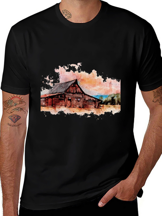 Rustic Barn Watercolor Graphic Tee - Black