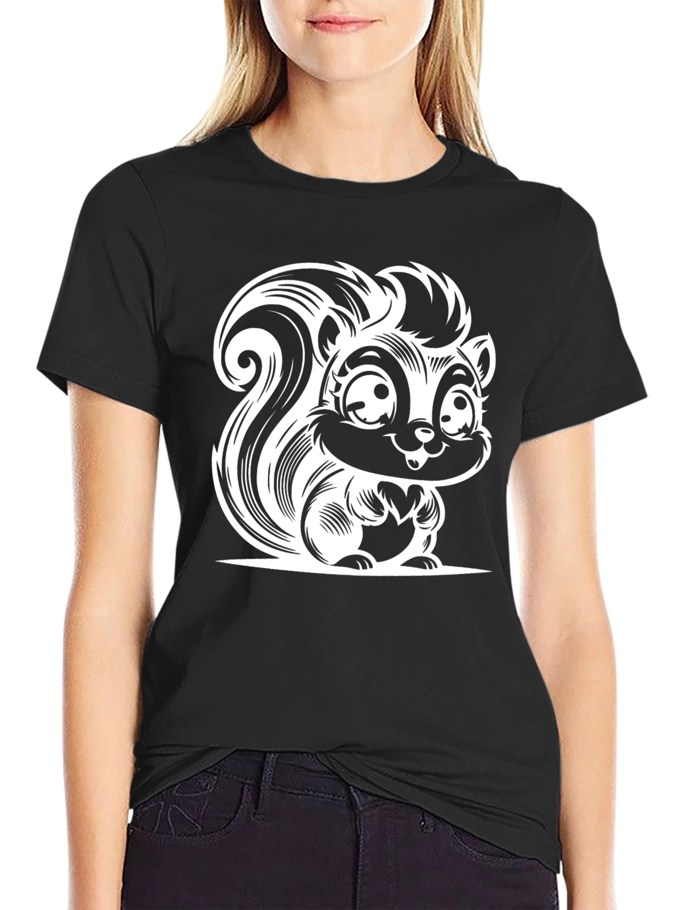 Cartoon Skunk Graphic Tee - Black Cotton T-Shirt