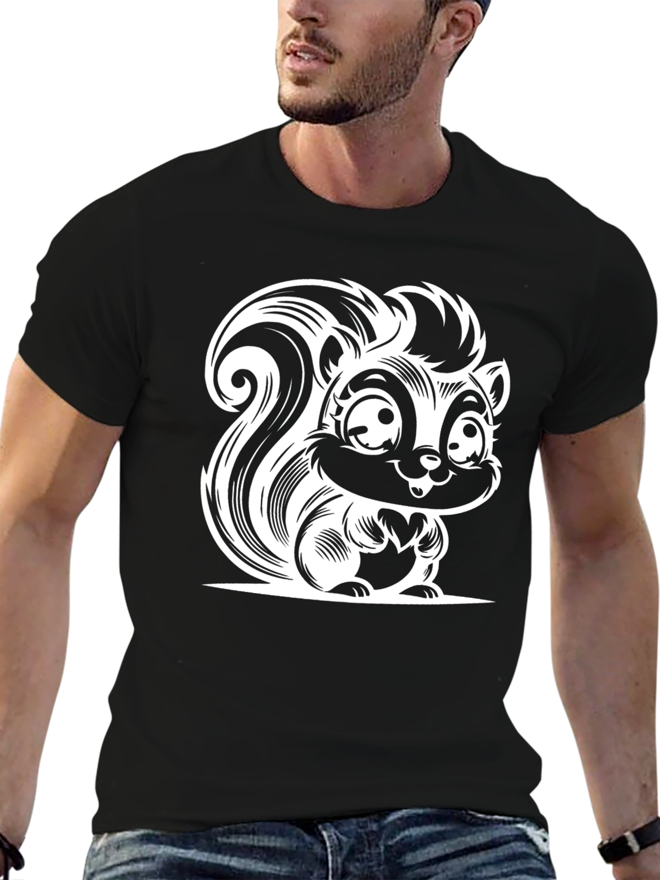Cartoon Skunk Graphic Tee - Black Cotton T-Shirt
