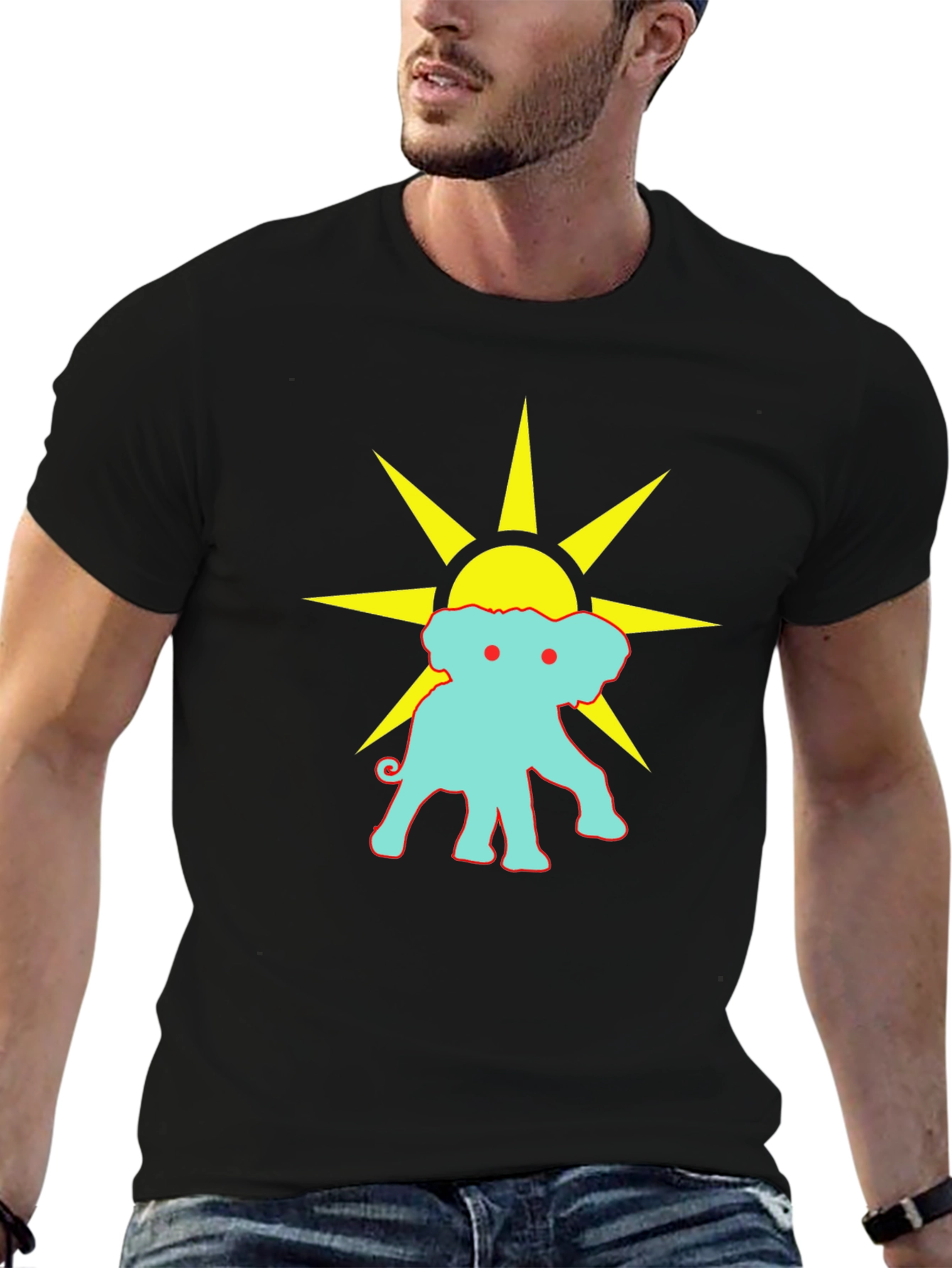 Black Graphic Tee: Elephant Sun Design