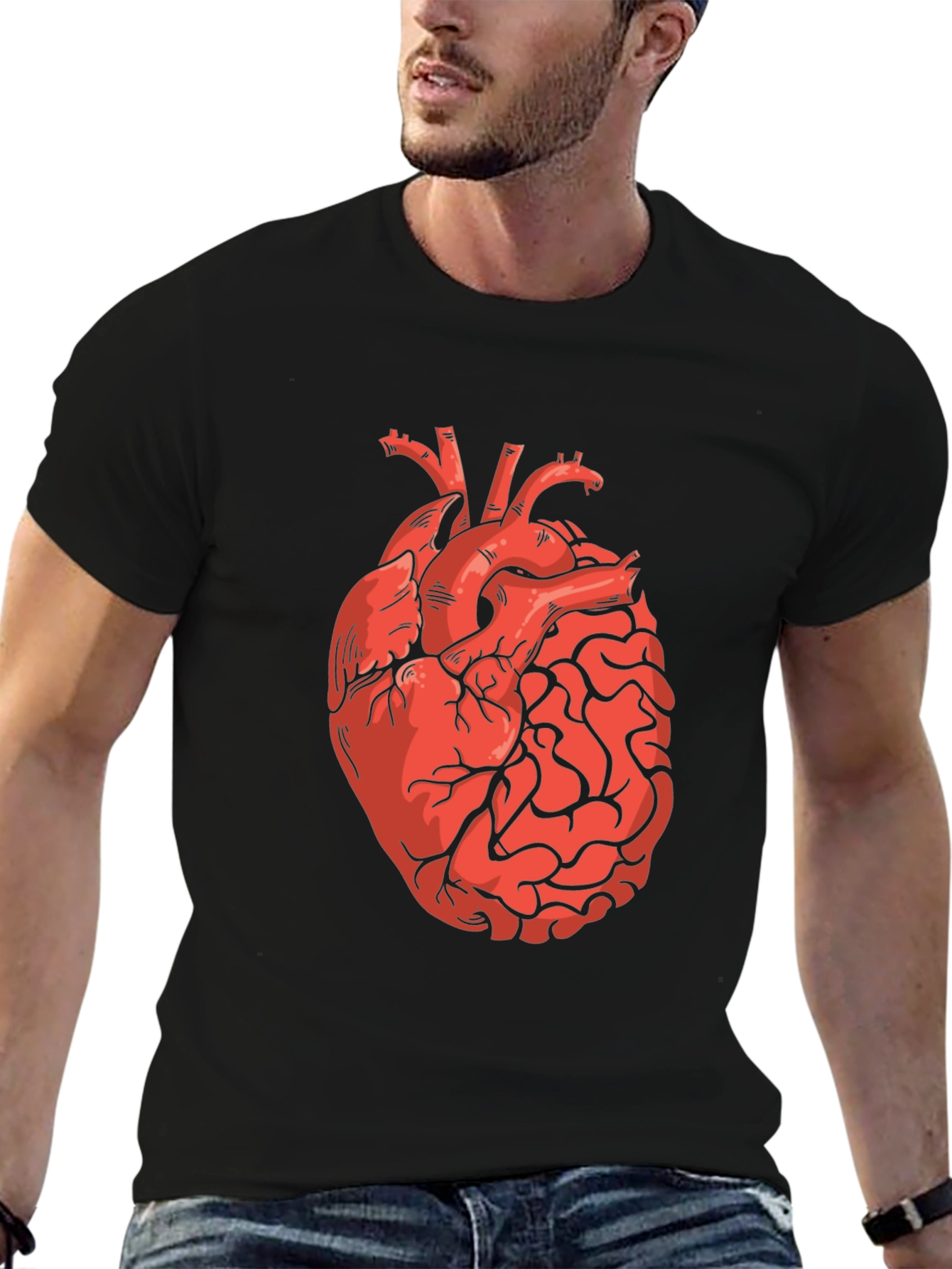 Heart and Brain Graphic Print Black T-Shirt