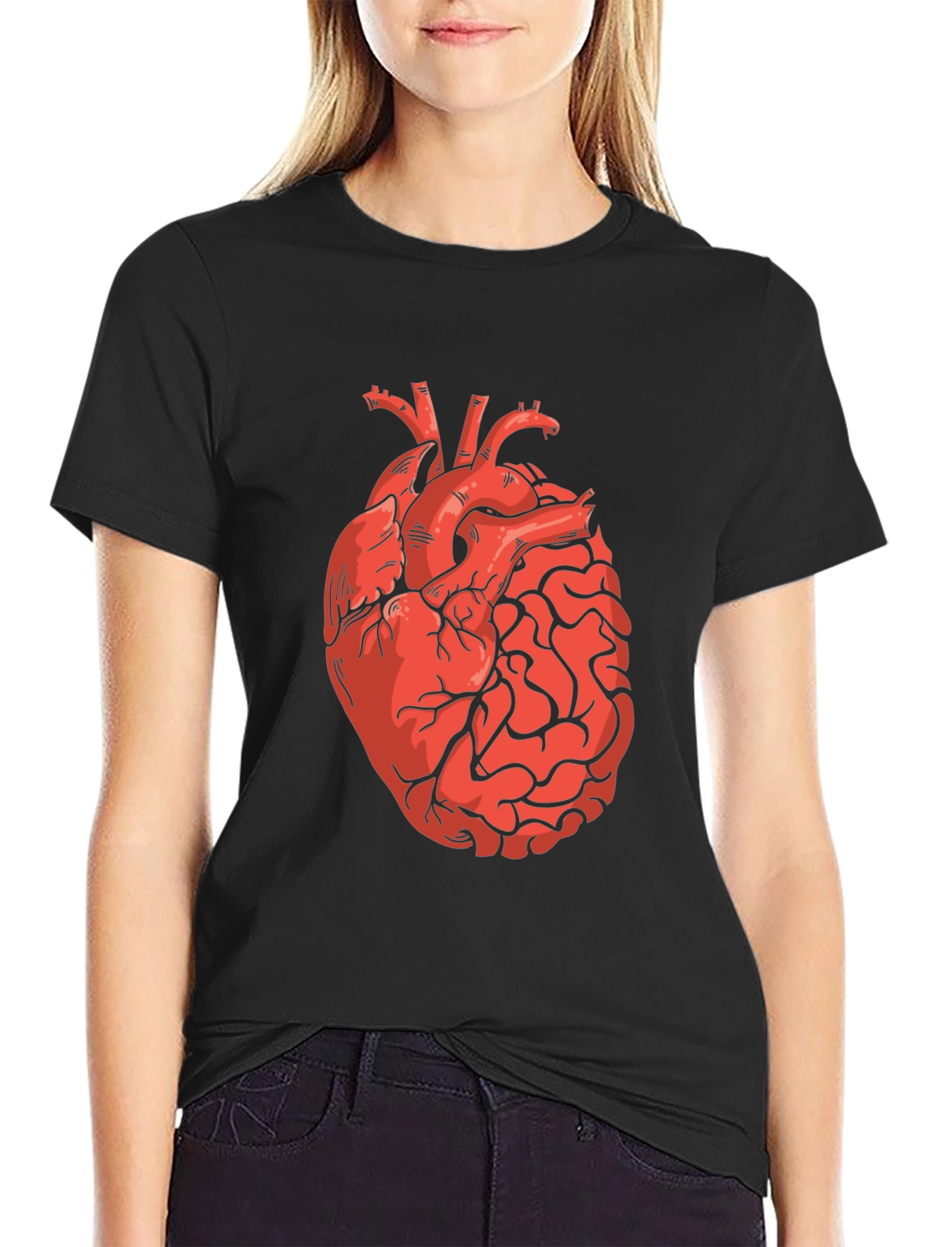 Heart and Brain Graphic Print Black T-Shirt