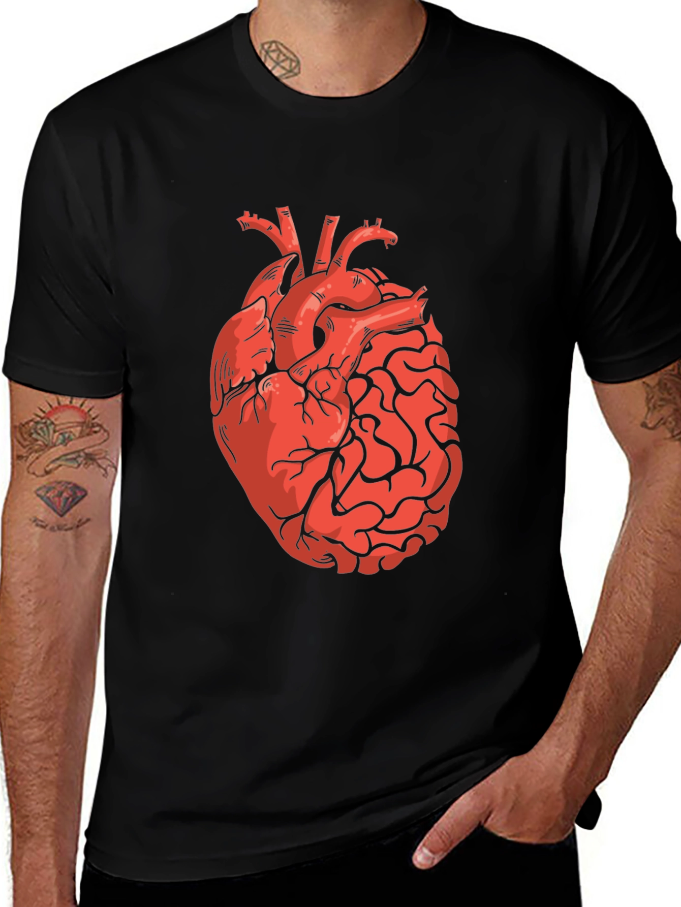 Heart and Brain Graphic Print Black T-Shirt