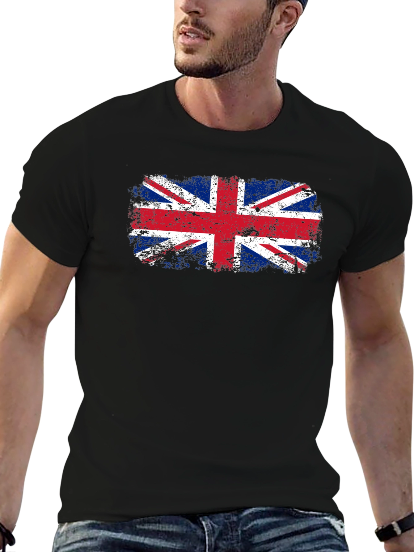 Union Jack Flag Distressed Graphic Tee - Black