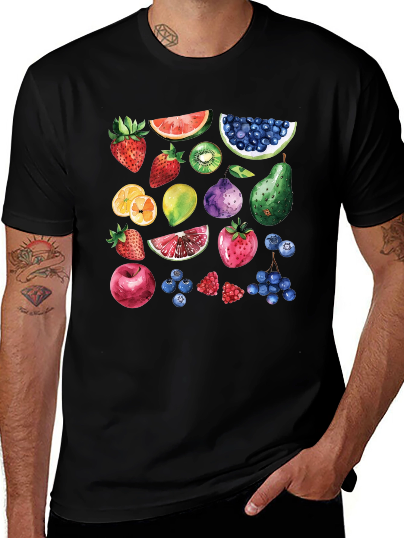 Whimsical Fruit Print Black T-Shirt