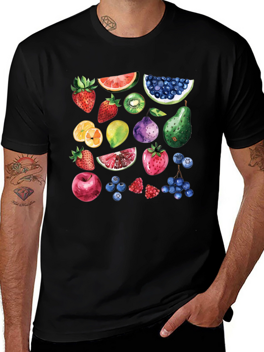 Whimsical Fruit Print Black T-Shirt