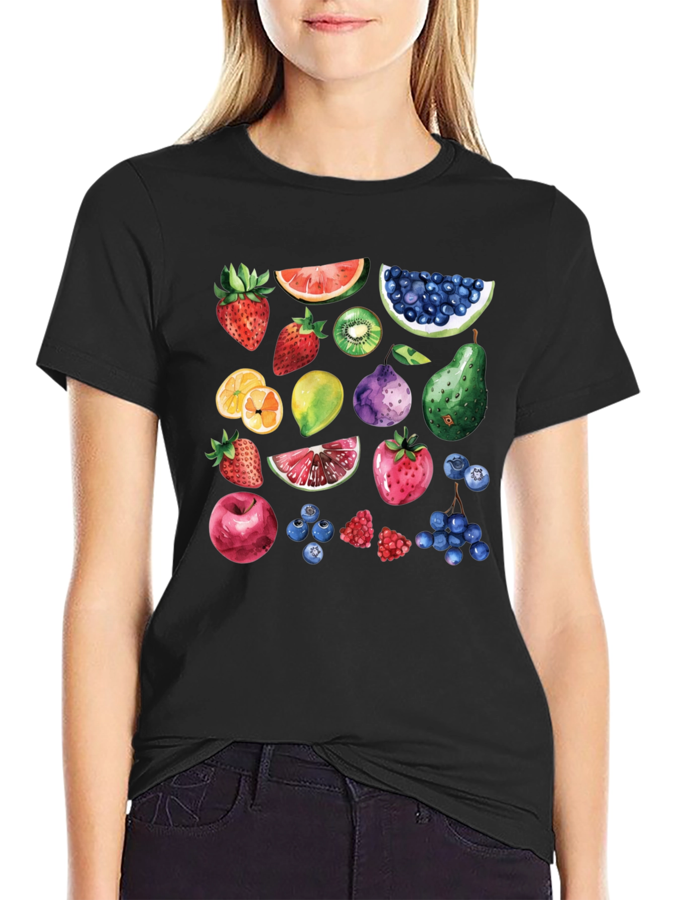 Whimsical Fruit Print Black T-Shirt