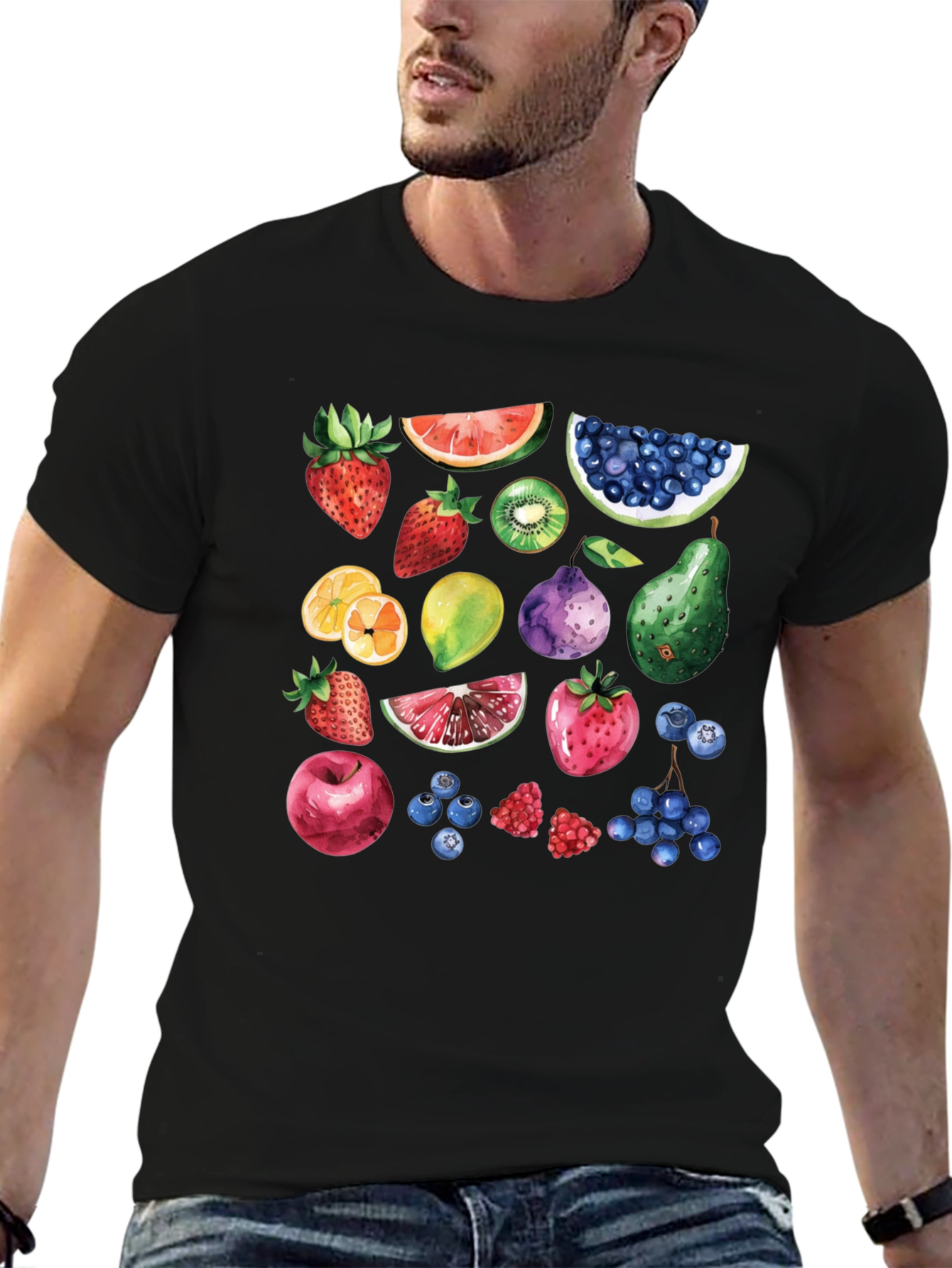 Whimsical Fruit Print Black T-Shirt