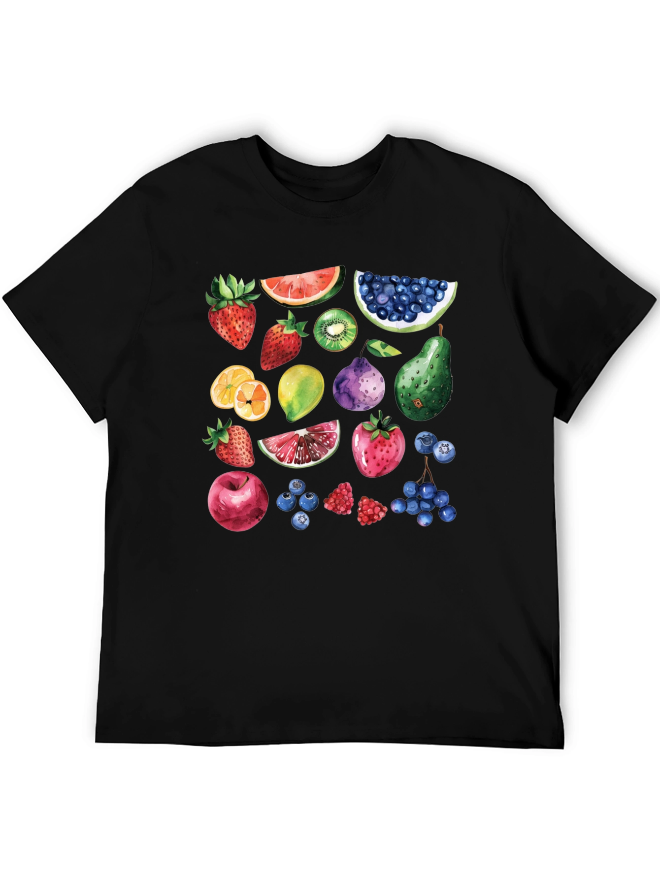 Whimsical Fruit Print Black T-Shirt