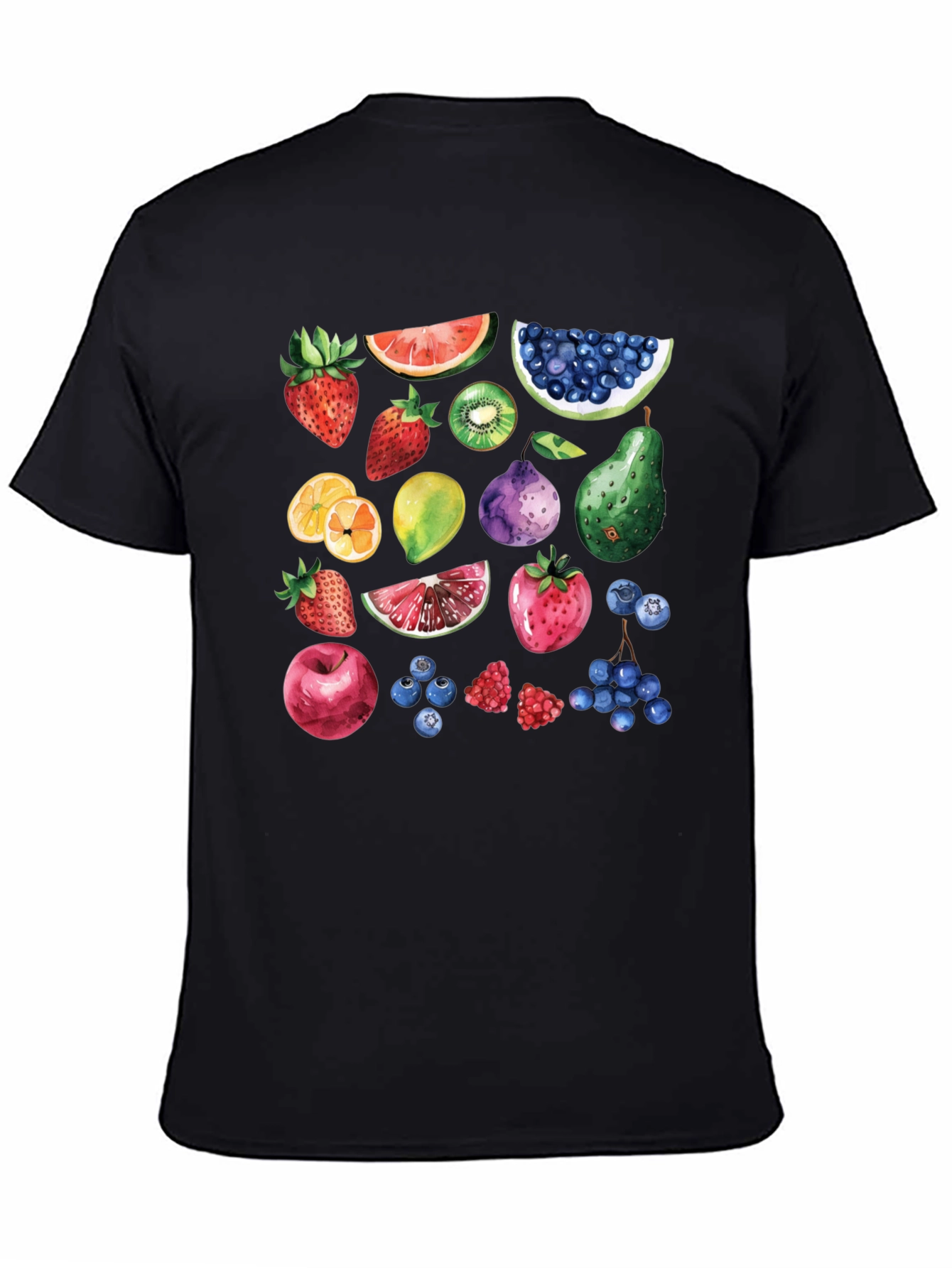 Whimsical Fruit Print Black T-Shirt