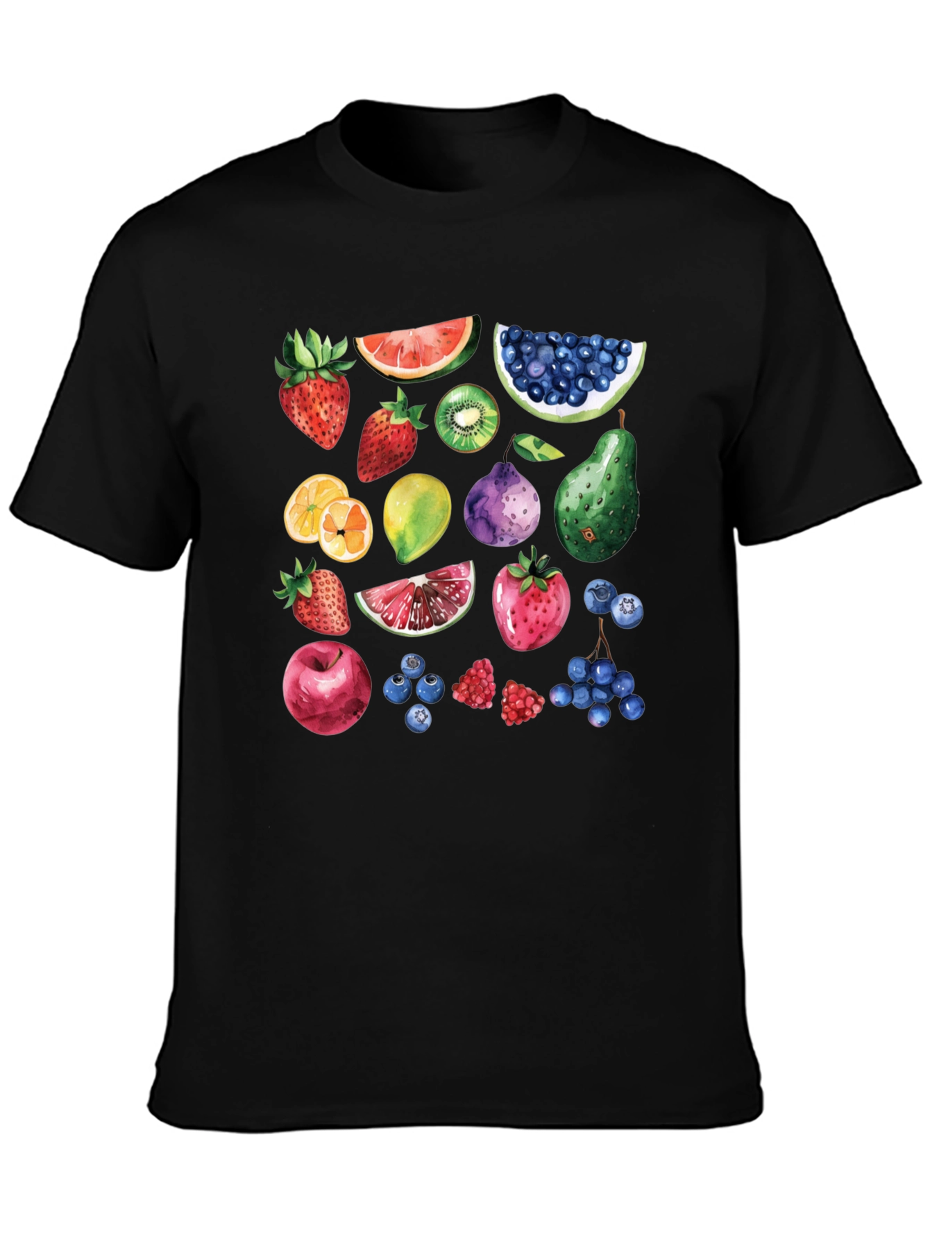 Whimsical Fruit Print Black T-Shirt