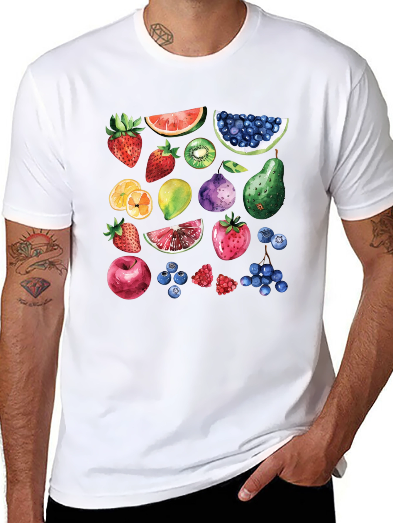 Whimsical Fruit Print Black T-Shirt