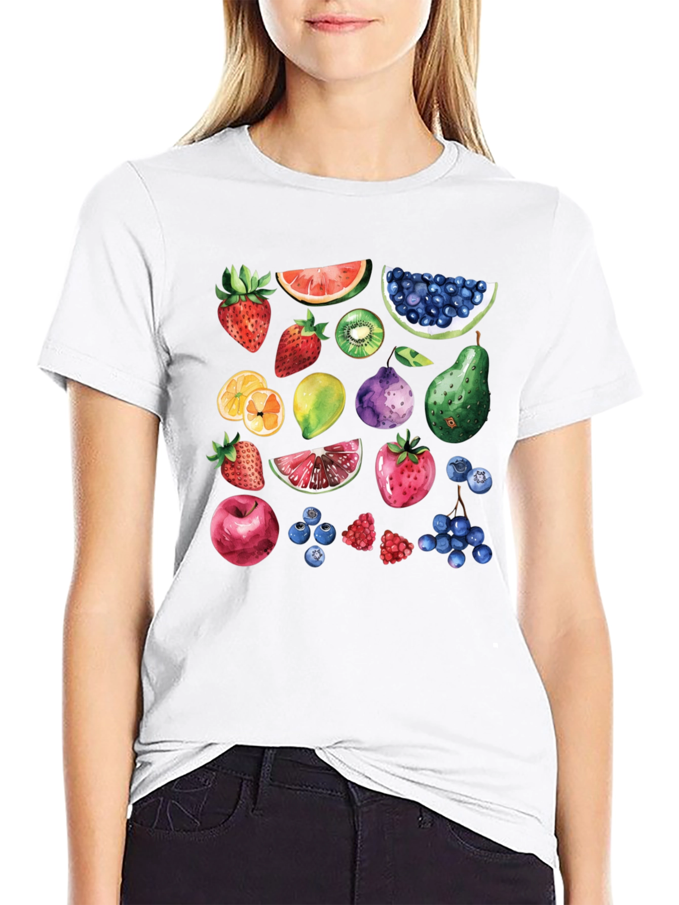 Whimsical Fruit Print Black T-Shirt