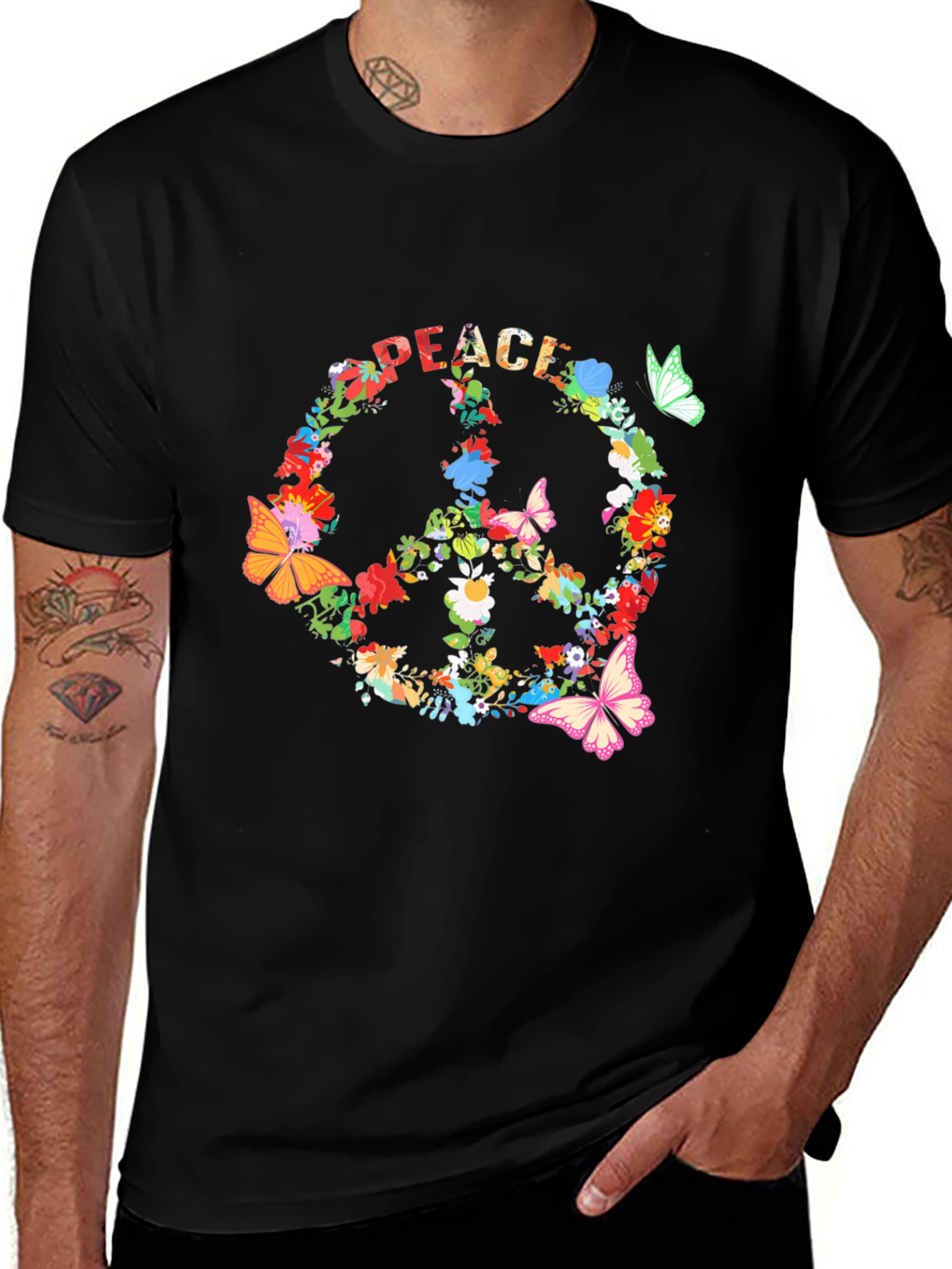 Floral Peace Sign Black T-Shirt