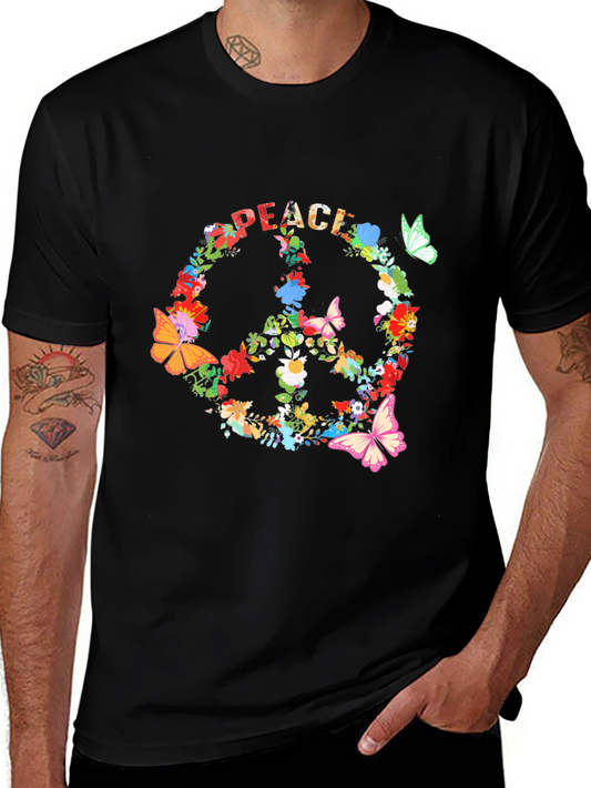 Floral Peace Sign Black T-Shirt