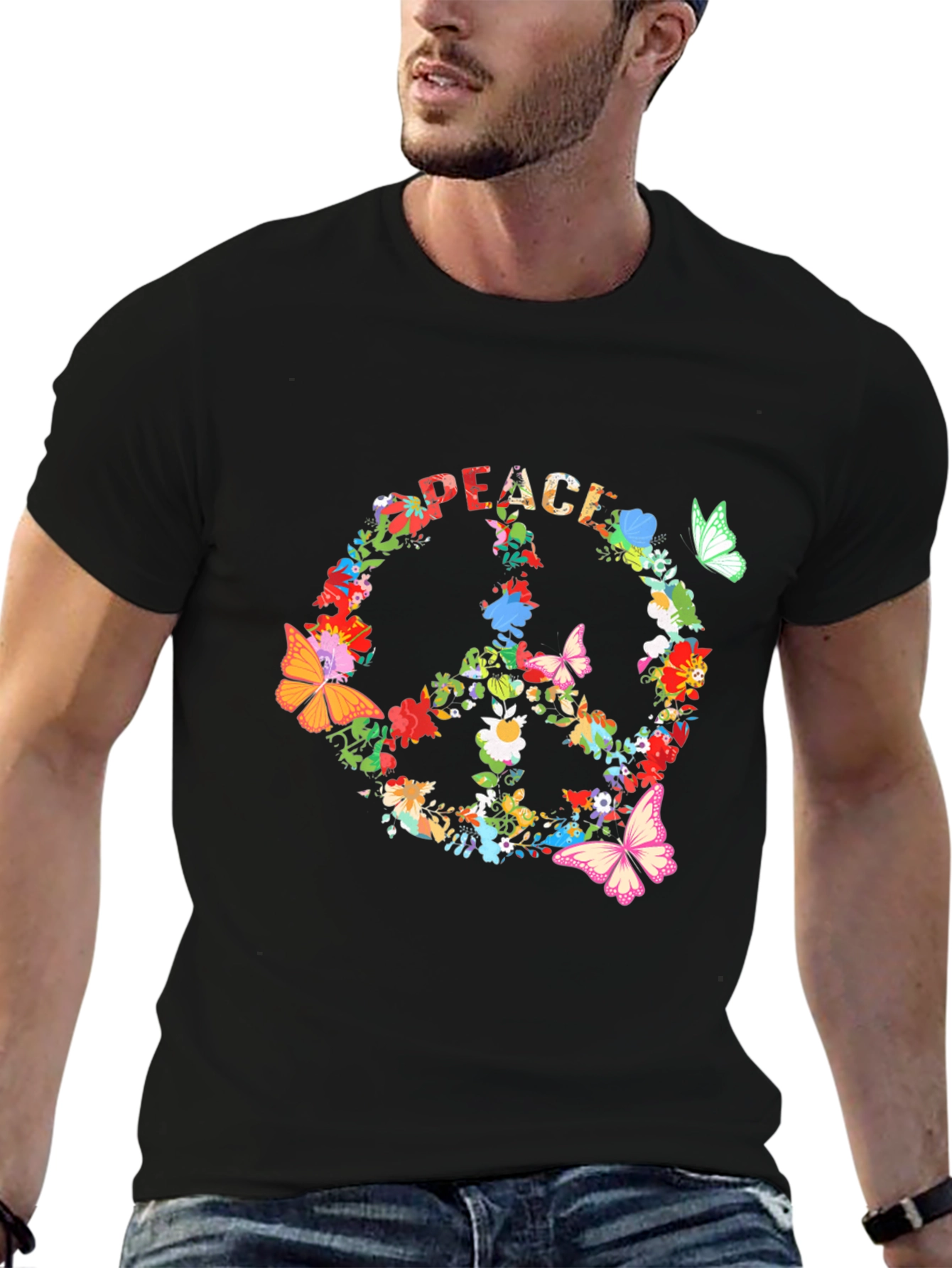 Floral Peace Sign Black T-Shirt