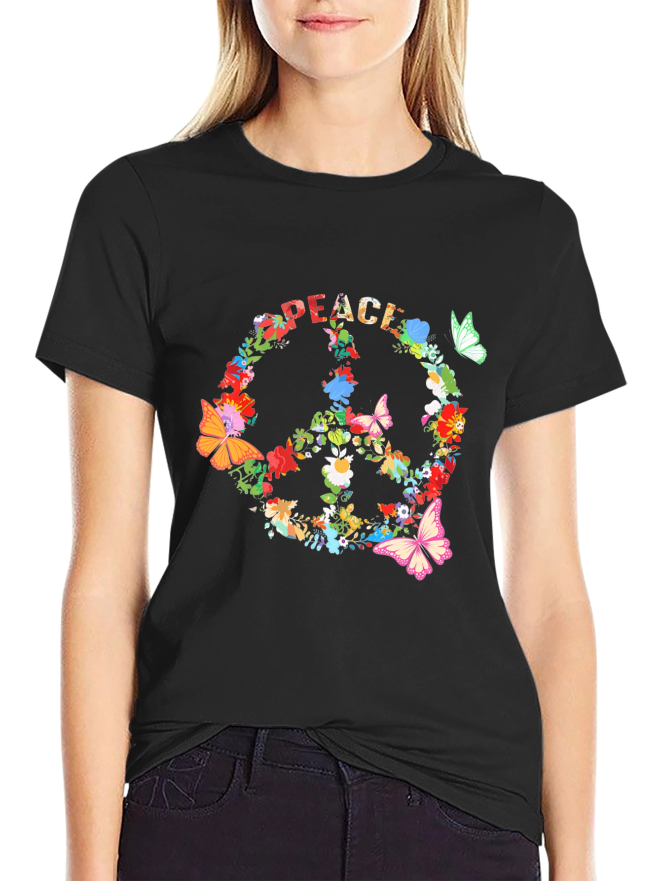Floral Peace Sign Black T-Shirt