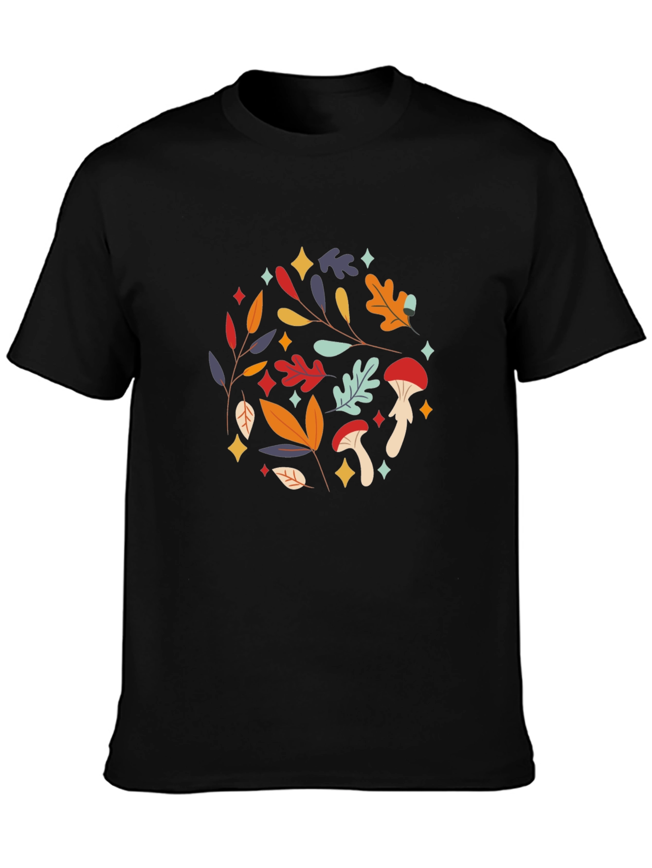Autumnal Mushroom & Leaf Graphic Tee - Black