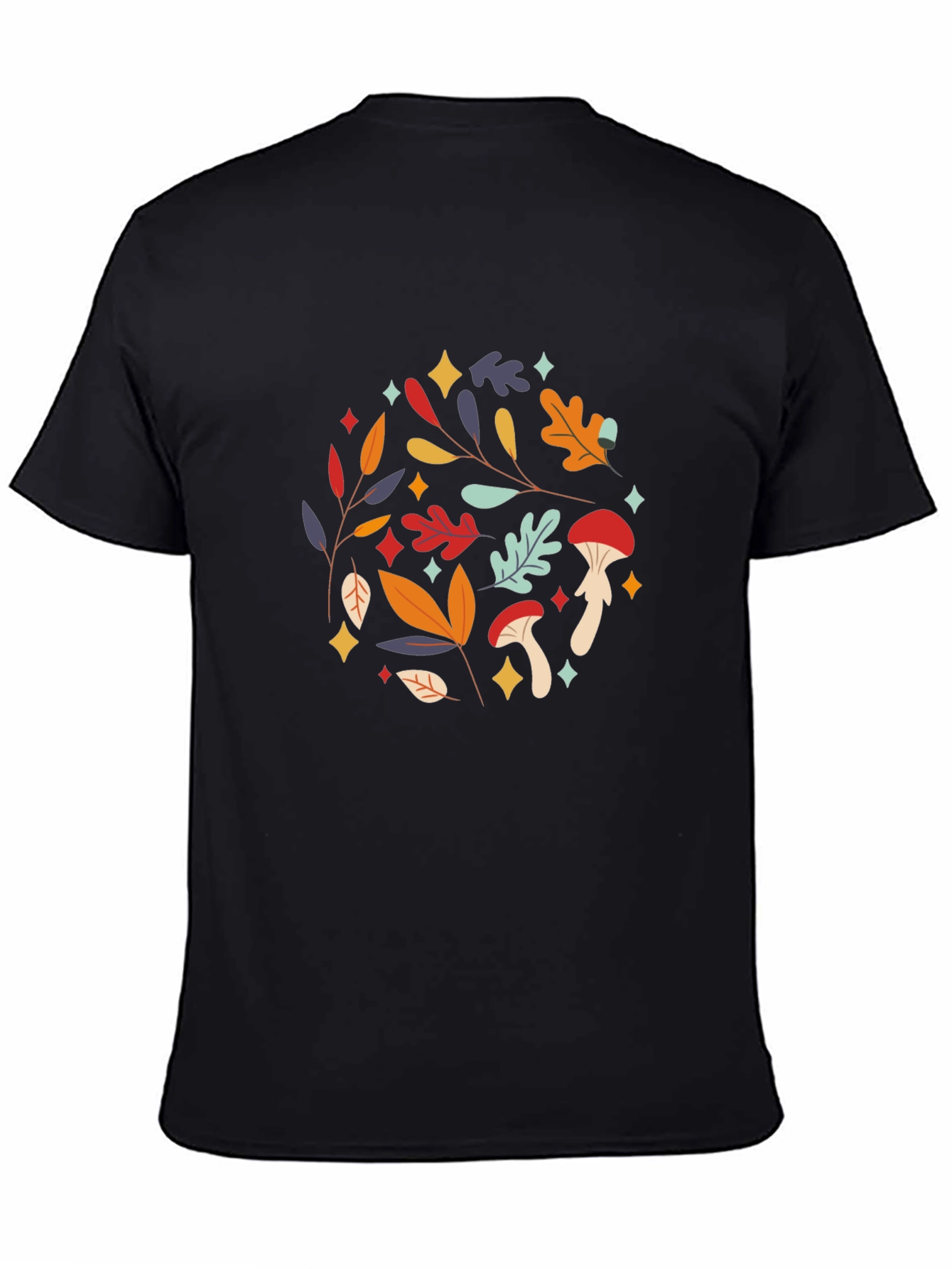 Autumnal Mushroom & Leaf Graphic Tee - Black