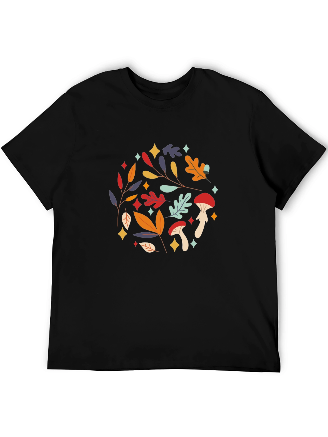 Autumnal Mushroom & Leaf Graphic Tee - Black
