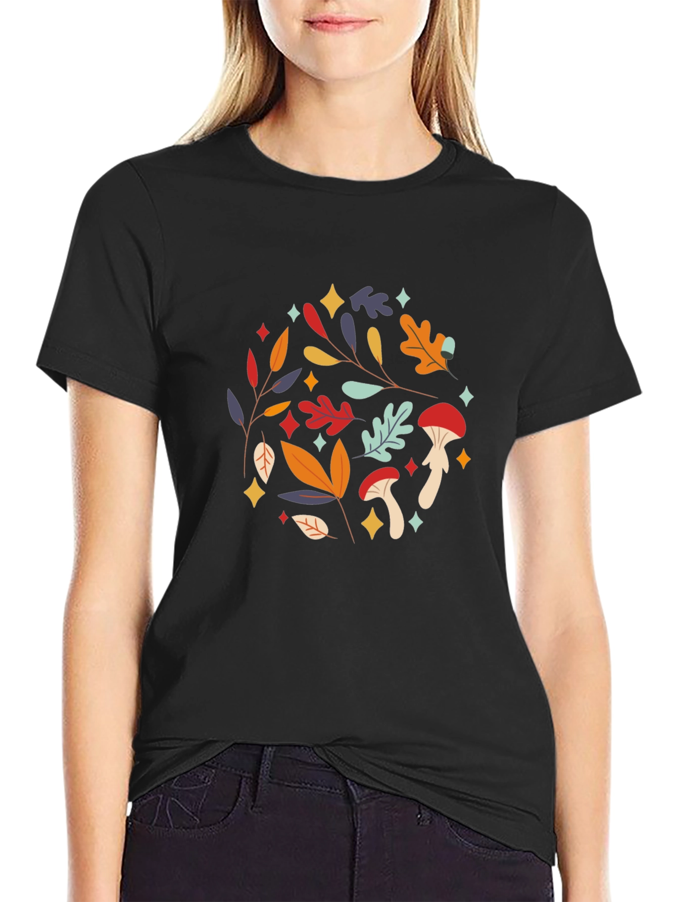 Autumnal Mushroom & Leaf Graphic Tee - Black