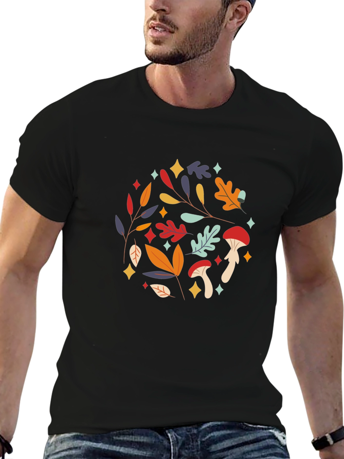Autumnal Mushroom & Leaf Graphic Tee - Black