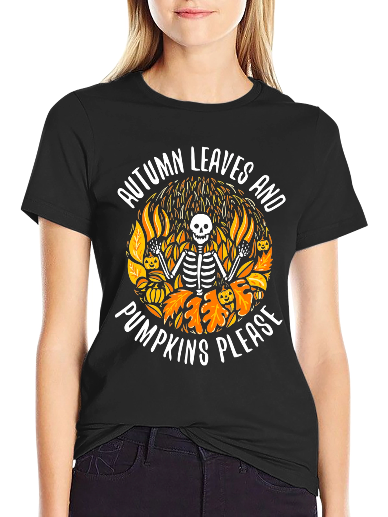 Autumn Leaves & Pumpkins Skeleton Graphic Tee