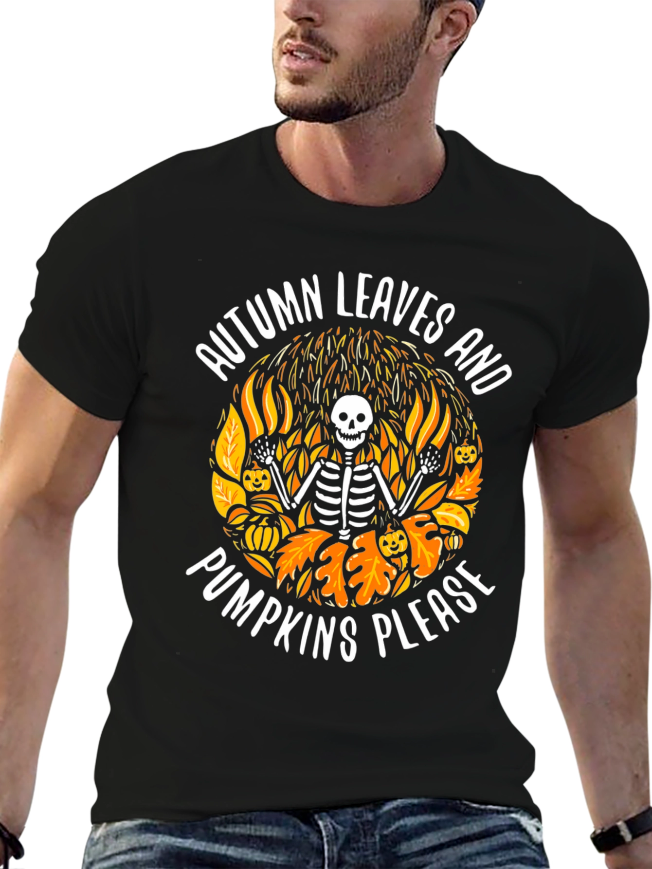 Autumn Leaves & Pumpkins Skeleton Graphic Tee