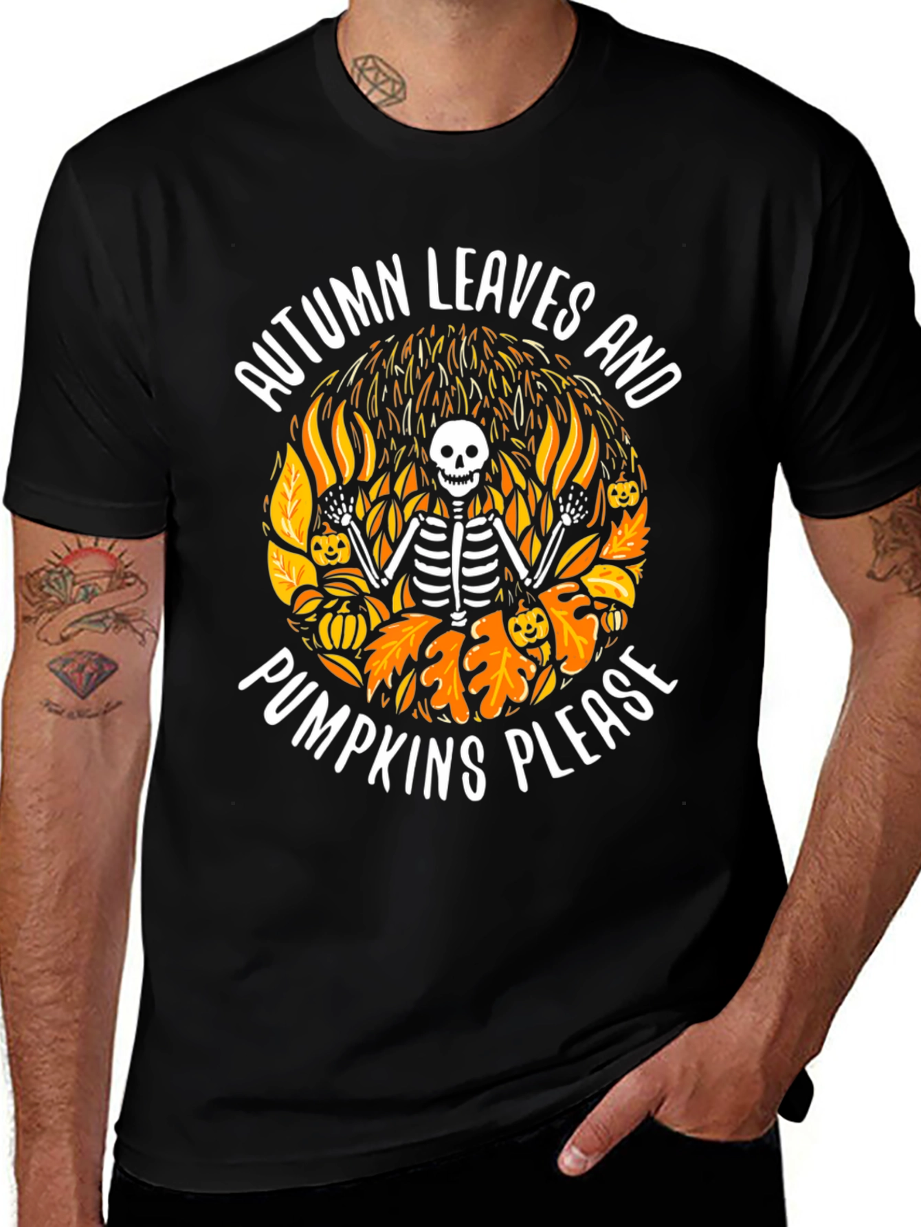 Autumn Leaves & Pumpkins Skeleton Graphic Tee