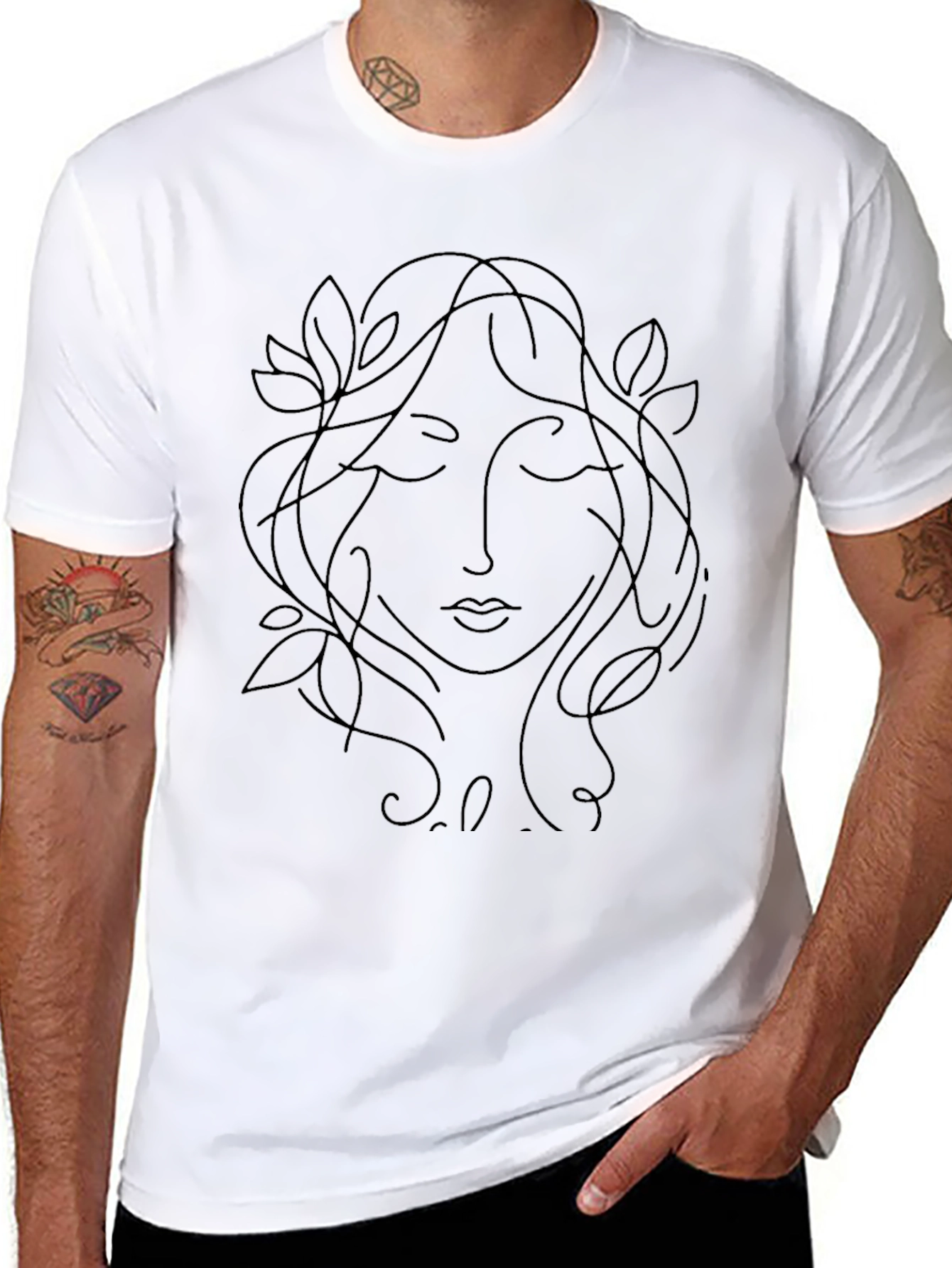 Minimalist Woman Face Line Art Black T-Shirt