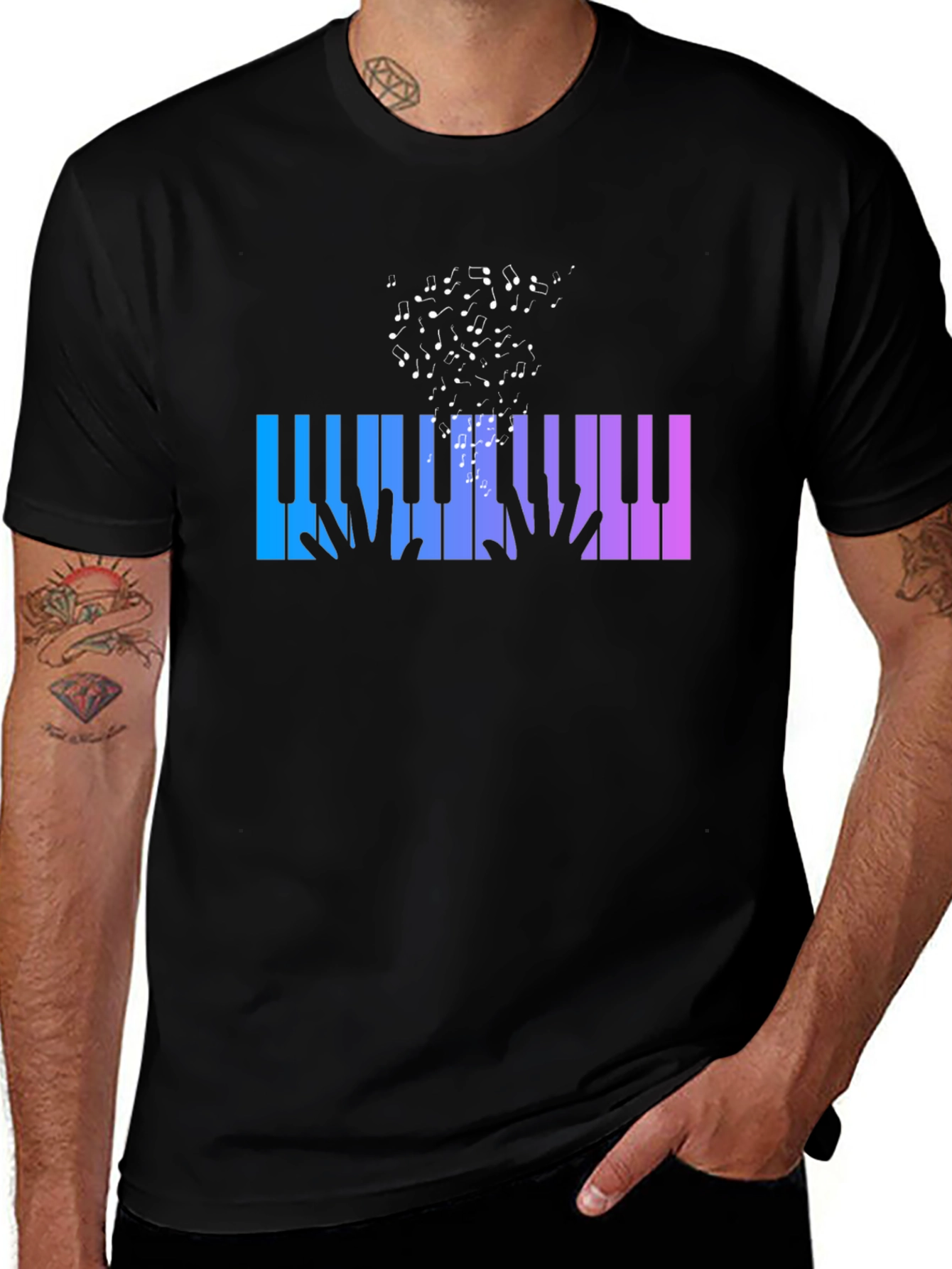 Piano Keys Music Notes Graphic Black T-Shirt