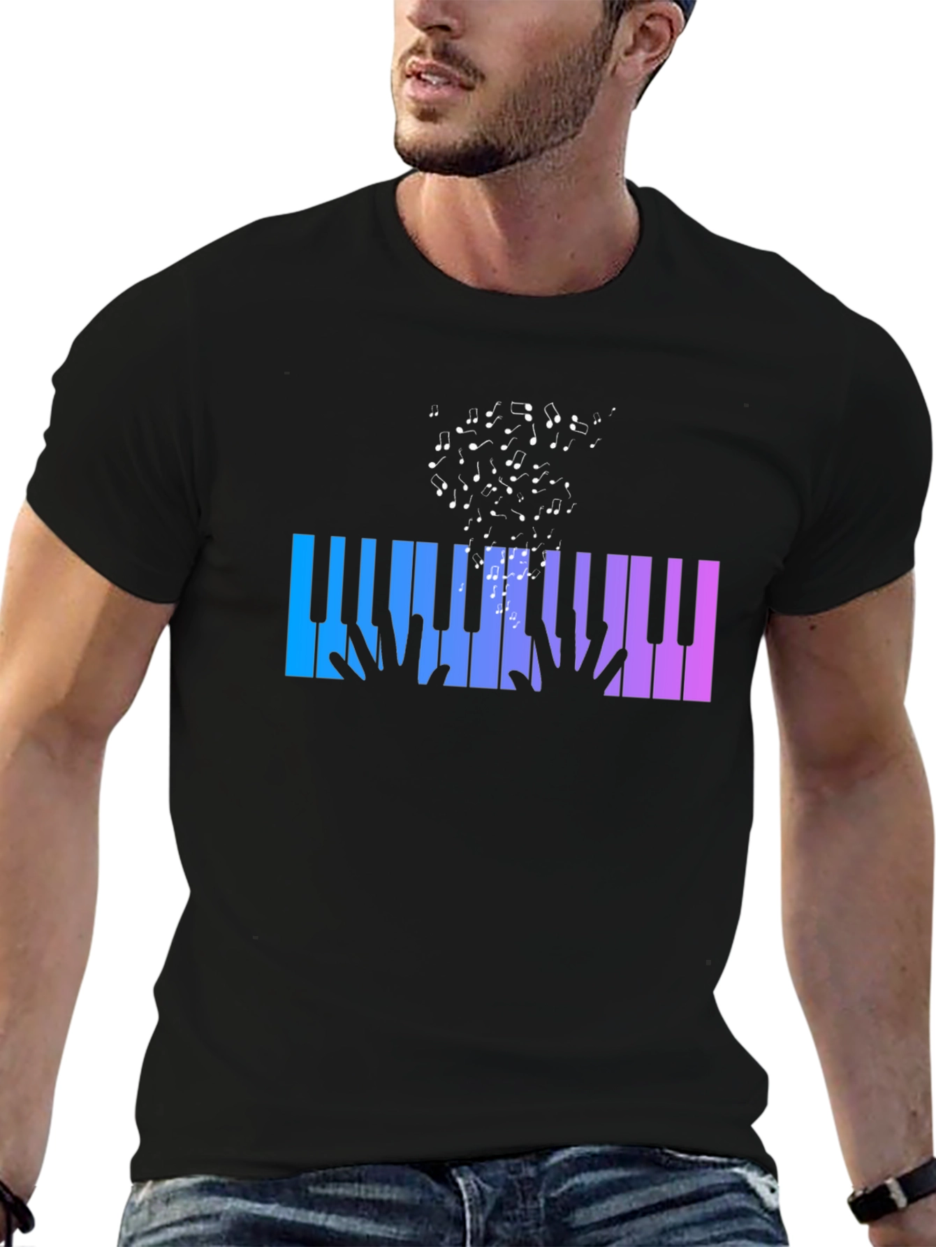 Piano Keys Music Notes Graphic Black T-Shirt
