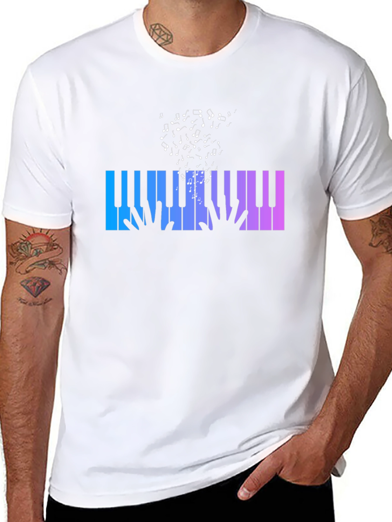 Piano Keys Music Notes Graphic Black T-Shirt