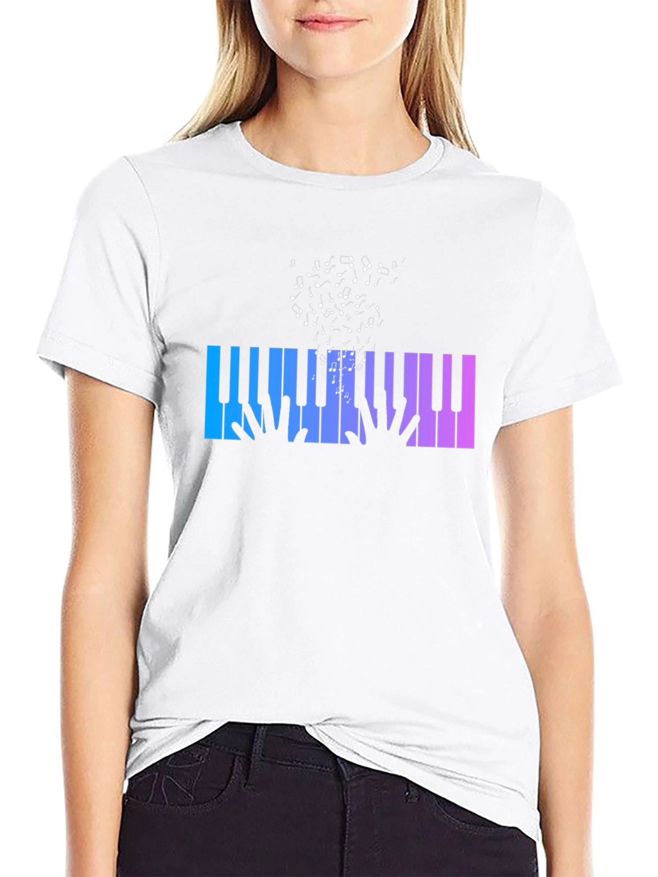 Piano Keys Music Notes Graphic Black T-Shirt