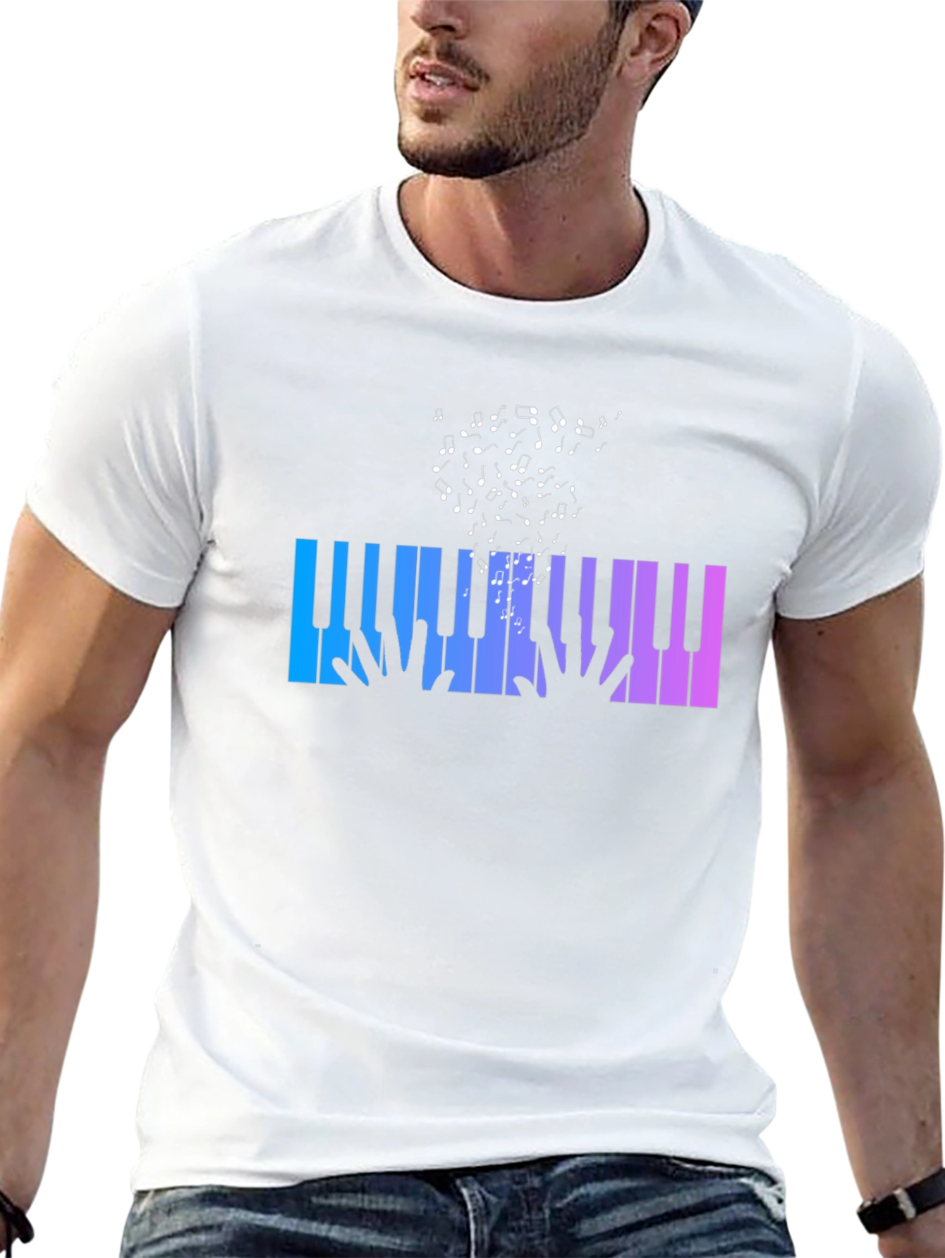 Piano Keys Music Notes Graphic Black T-Shirt
