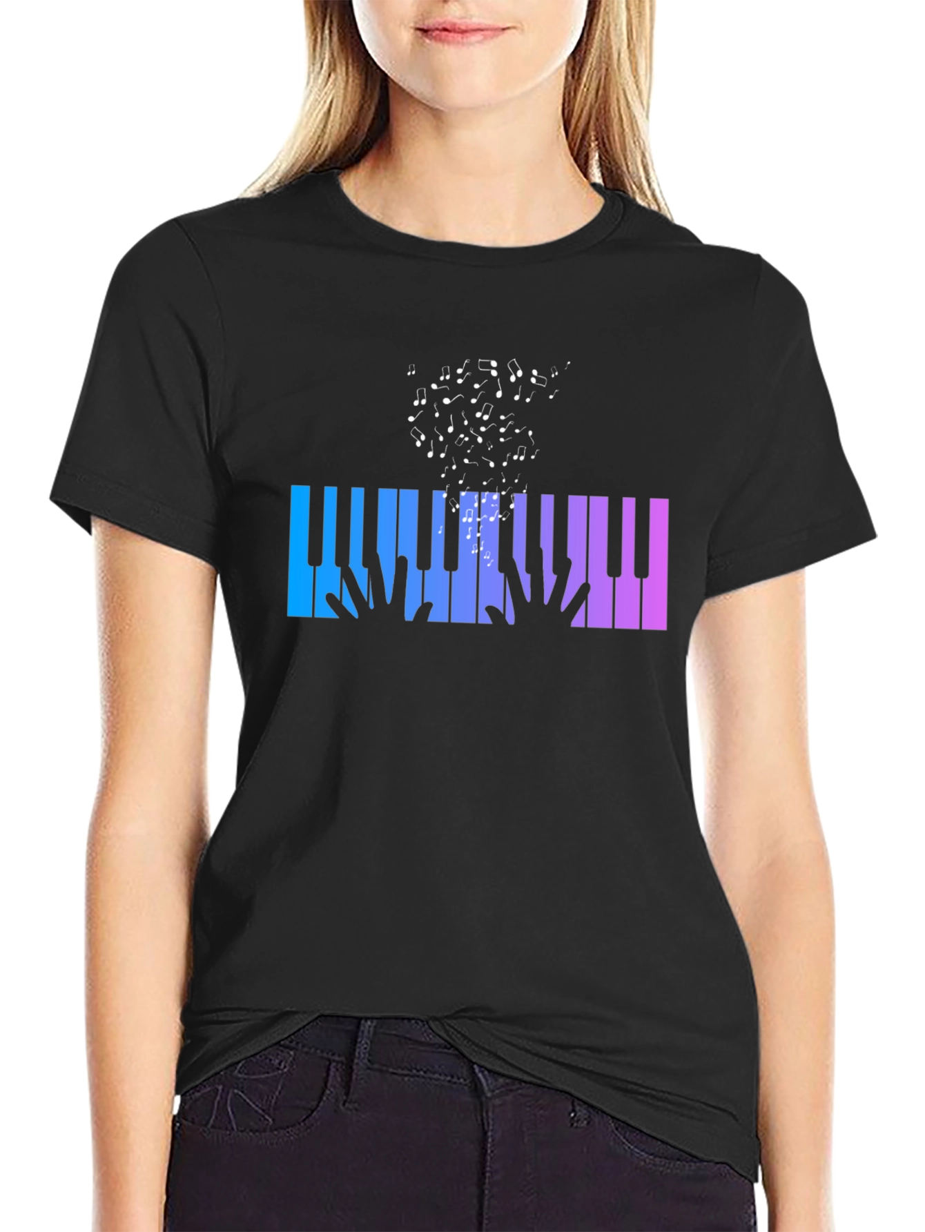 Piano Keys Music Notes Graphic Black T-Shirt