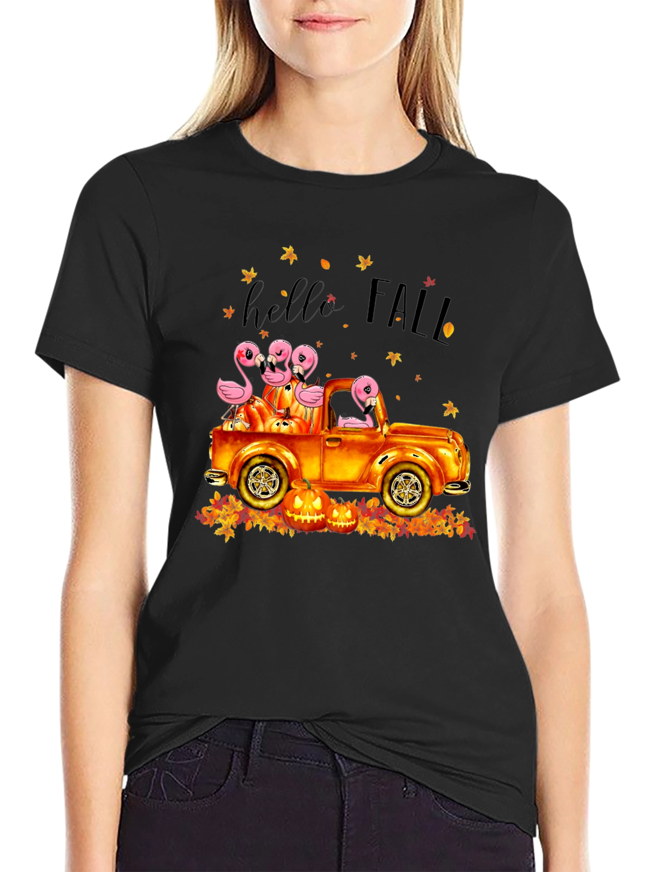 Hello Fall Flamingo Pumpkin Truck T-Shirt